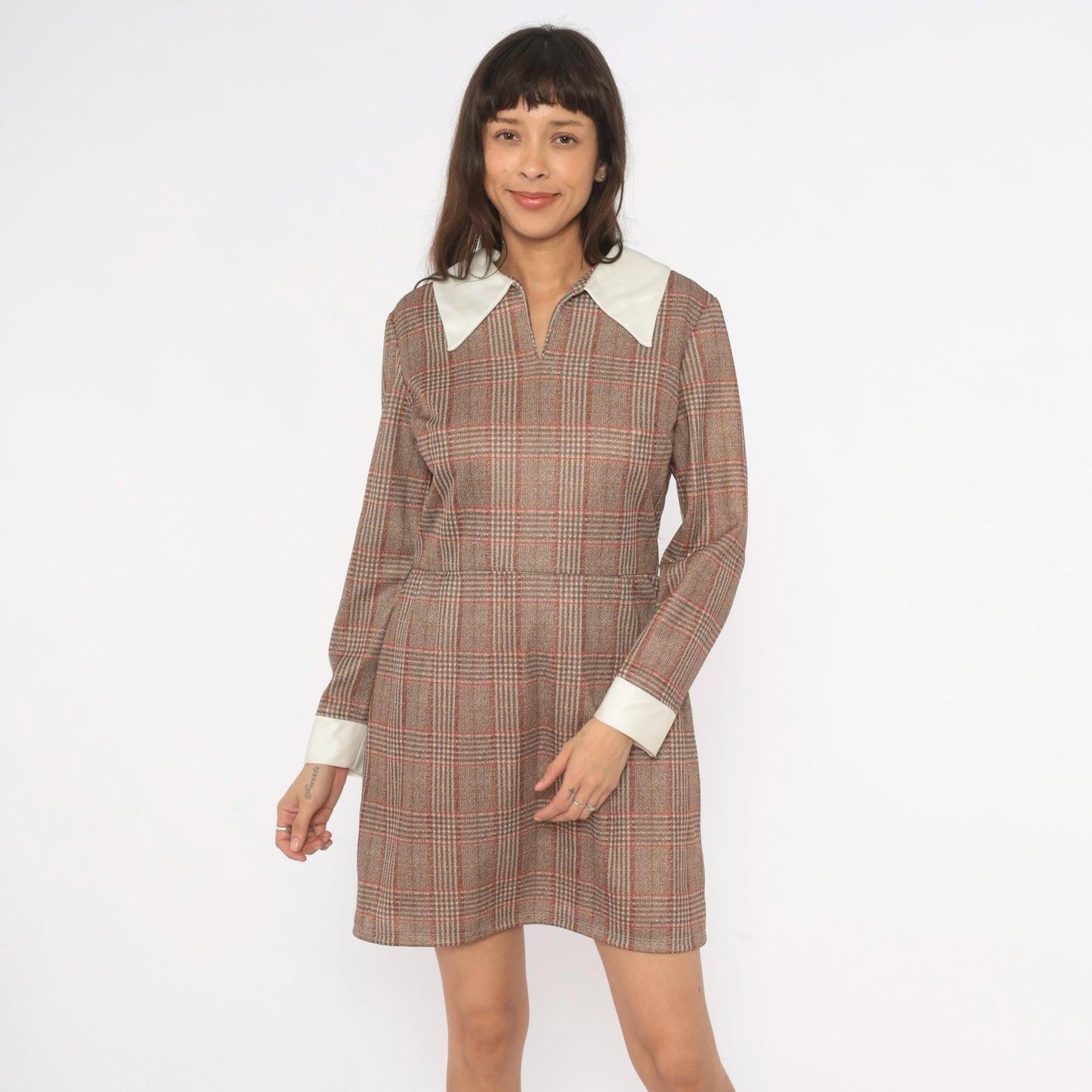 70s Glen Plaid Mini Dress Tan Rust Brown Pointed Collar Long Sleeve Medium M