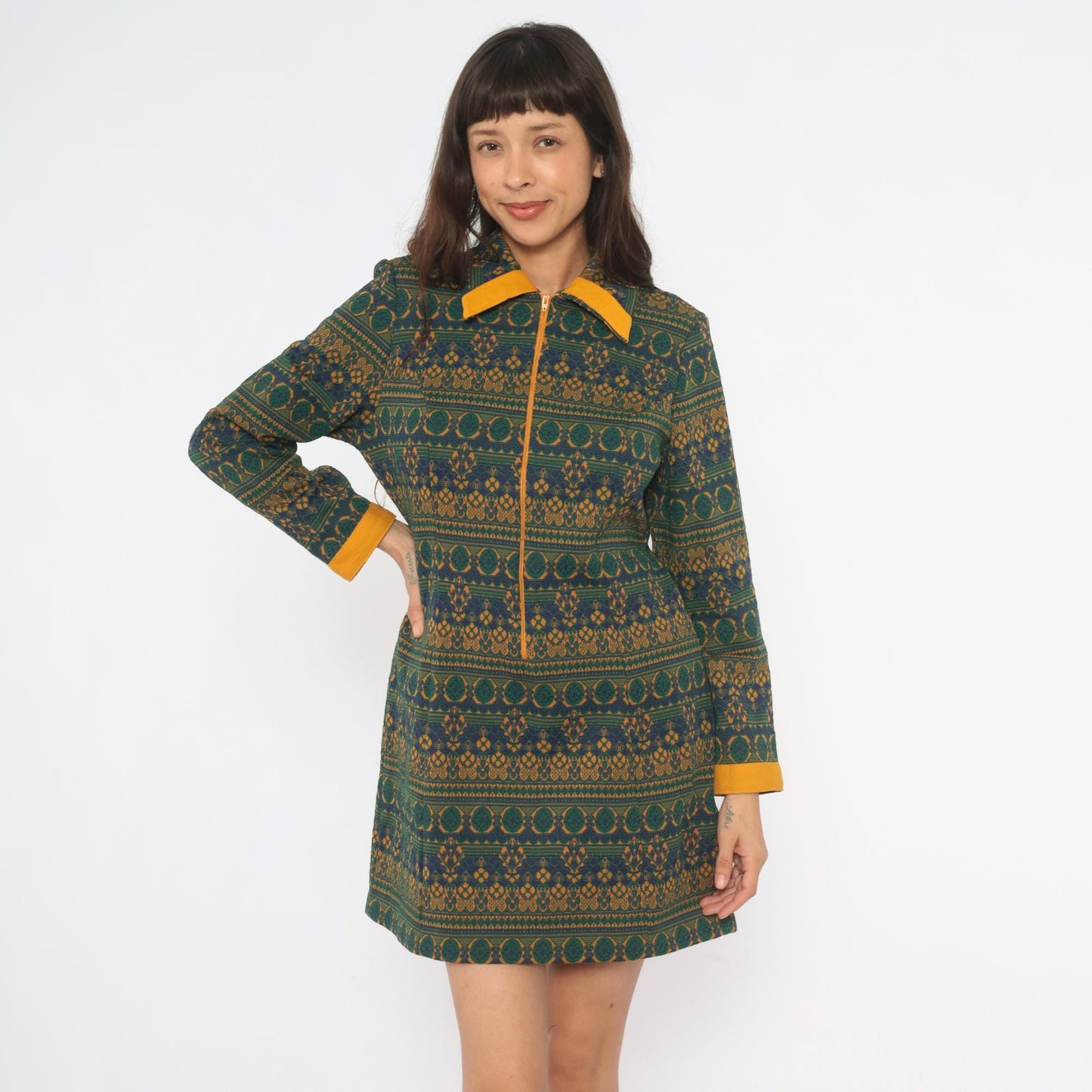 70s NPC Fashions Tapestry Mini Dress Forest Green Gold Jacquard Zip Collar Large L