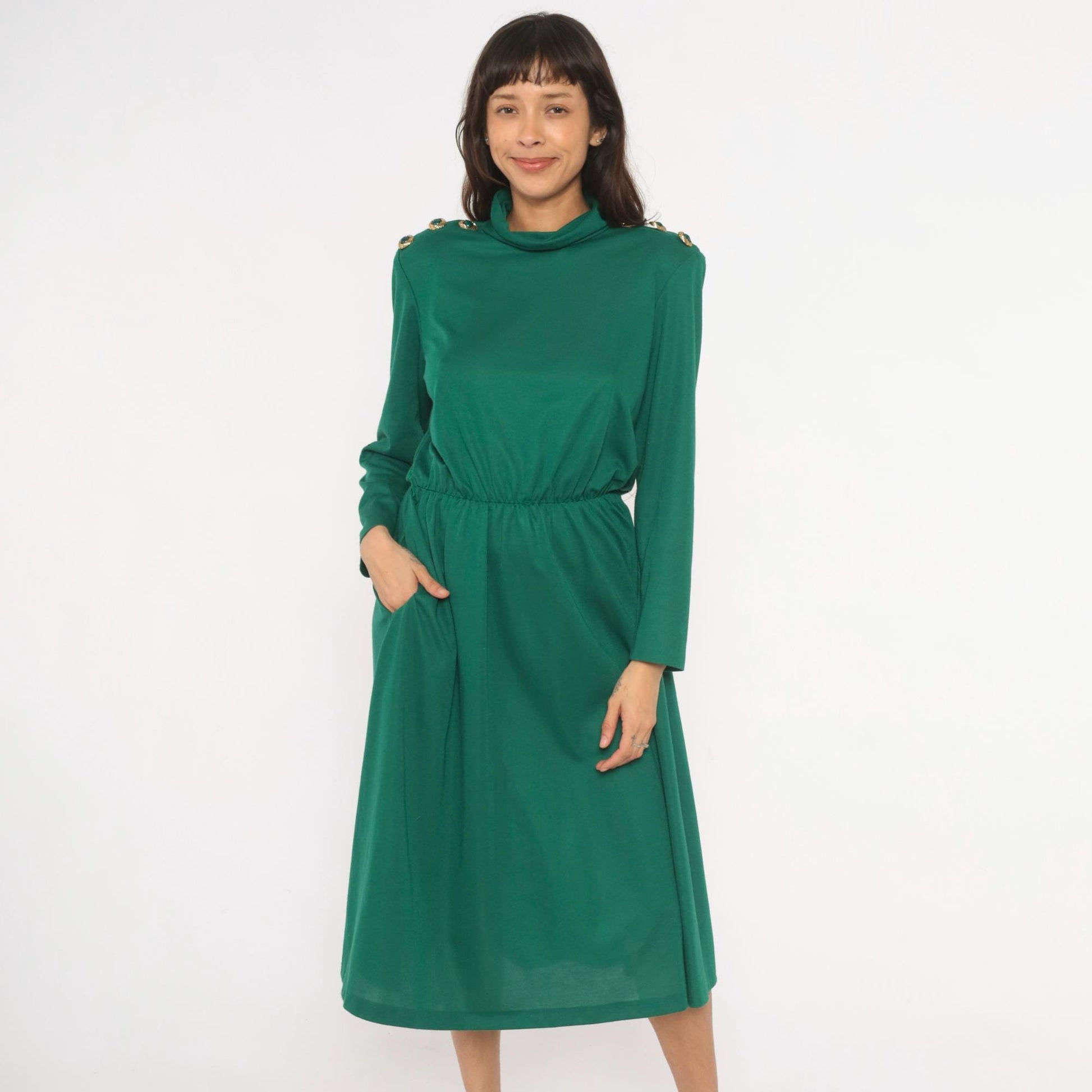80s Impromptu Emerald Cowl Neck Midi Dress Gold Button Long Sleeve Large L