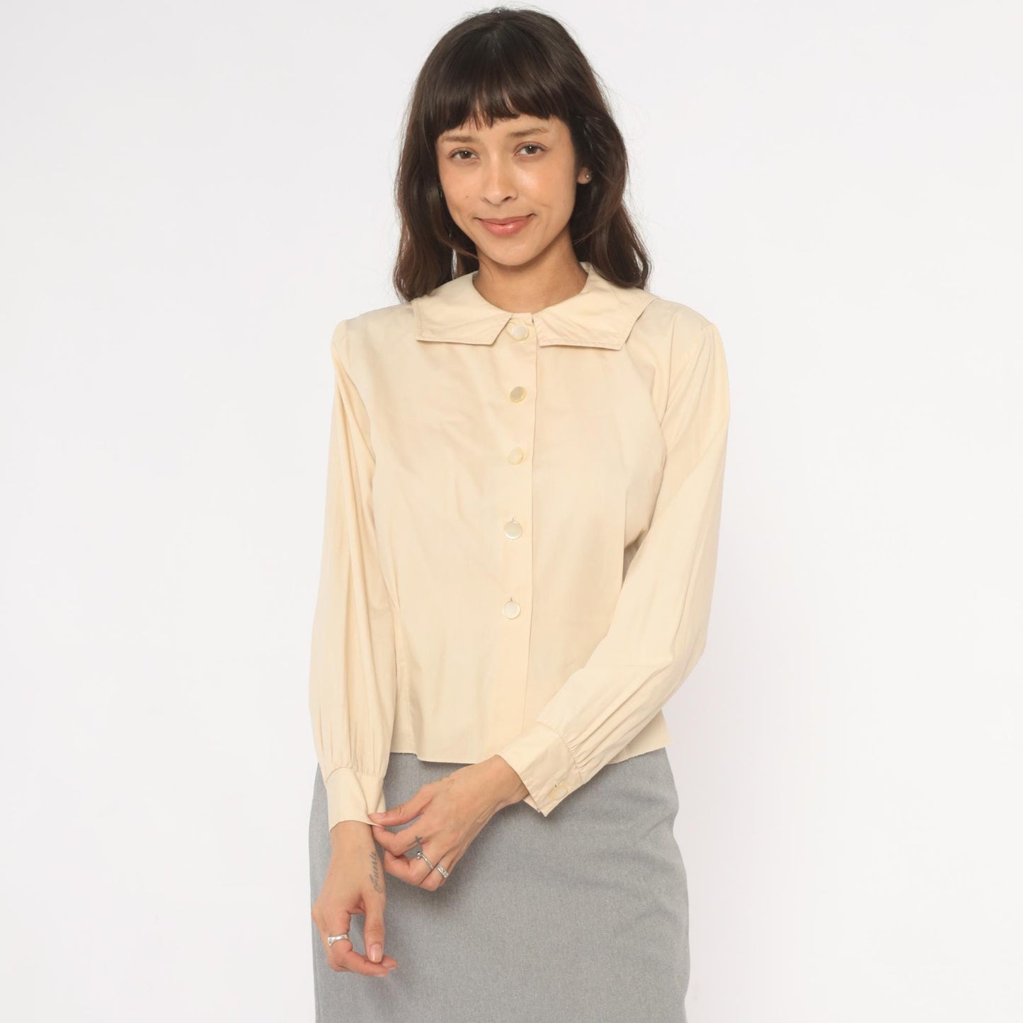 70s Fashionalit Cream Button Front Blouse Pointed Collar Puff Sleeve Medium