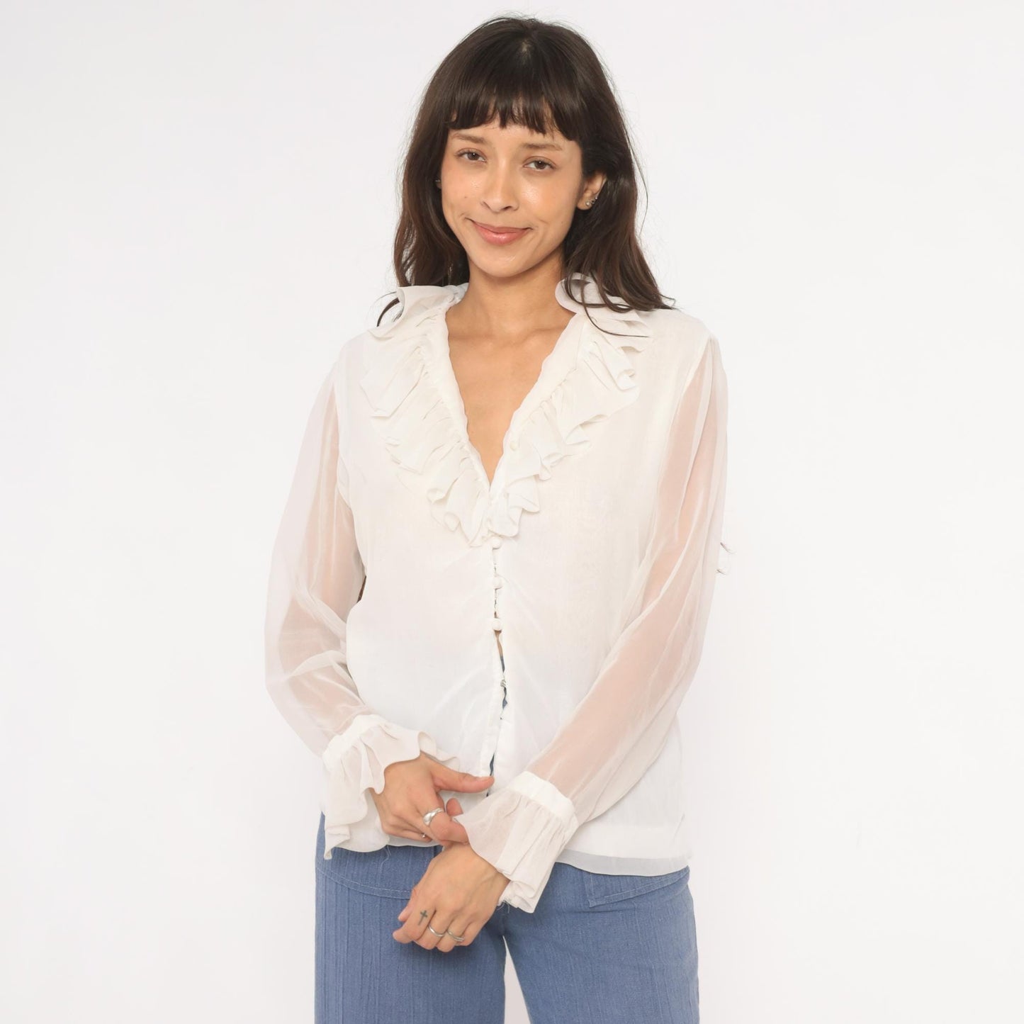 70s Gregory Ruffle Collar Blouse Ivory V-Neck Button Front Sheer Sleeve Medium