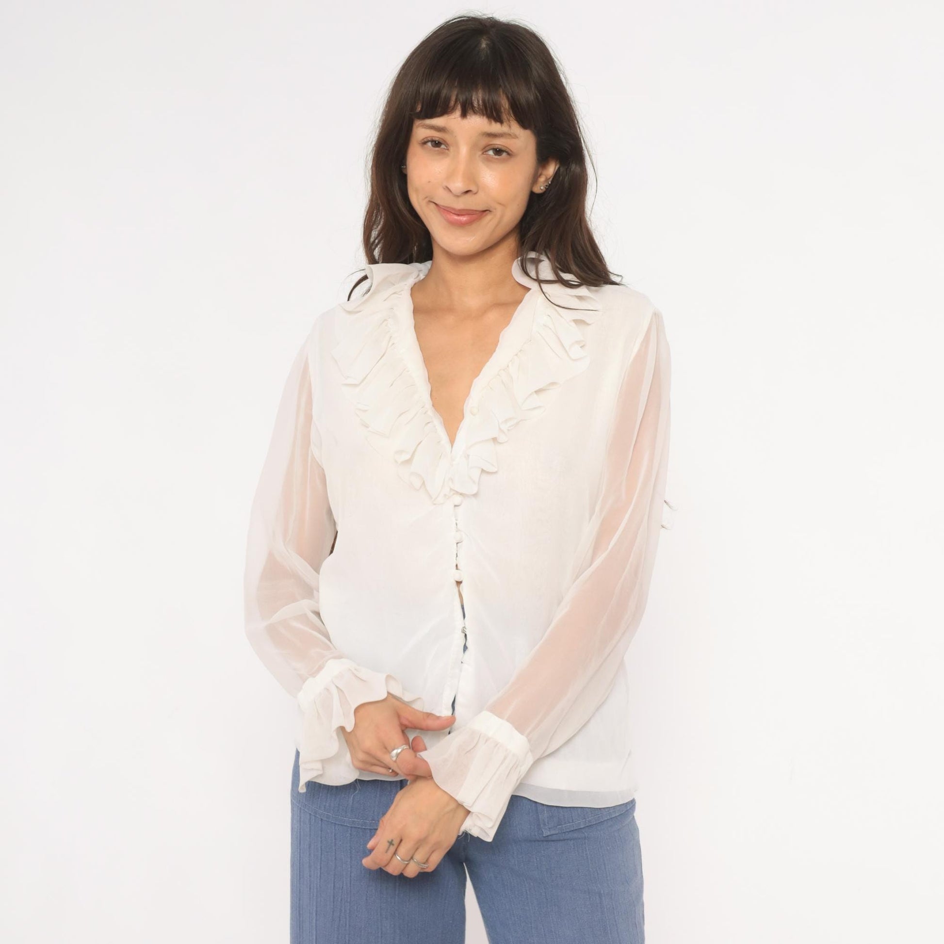 70s Gregory Ruffle Collar Blouse Ivory V-Neck Button Front Sheer Sleeve Medium