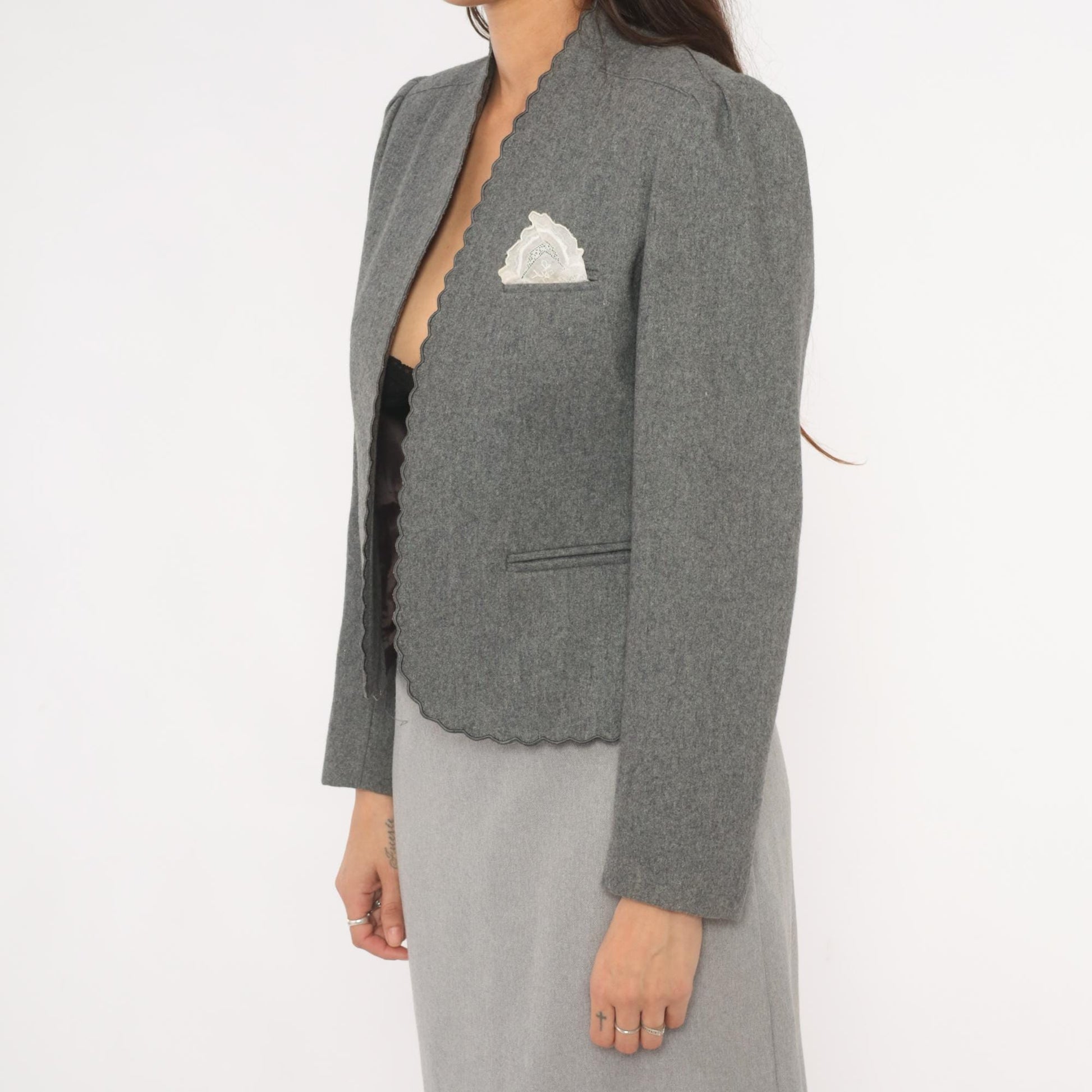 80s Sasson Grey Scalloped Blazer Puff Sleeve Mandarin Collar Cropped Small S