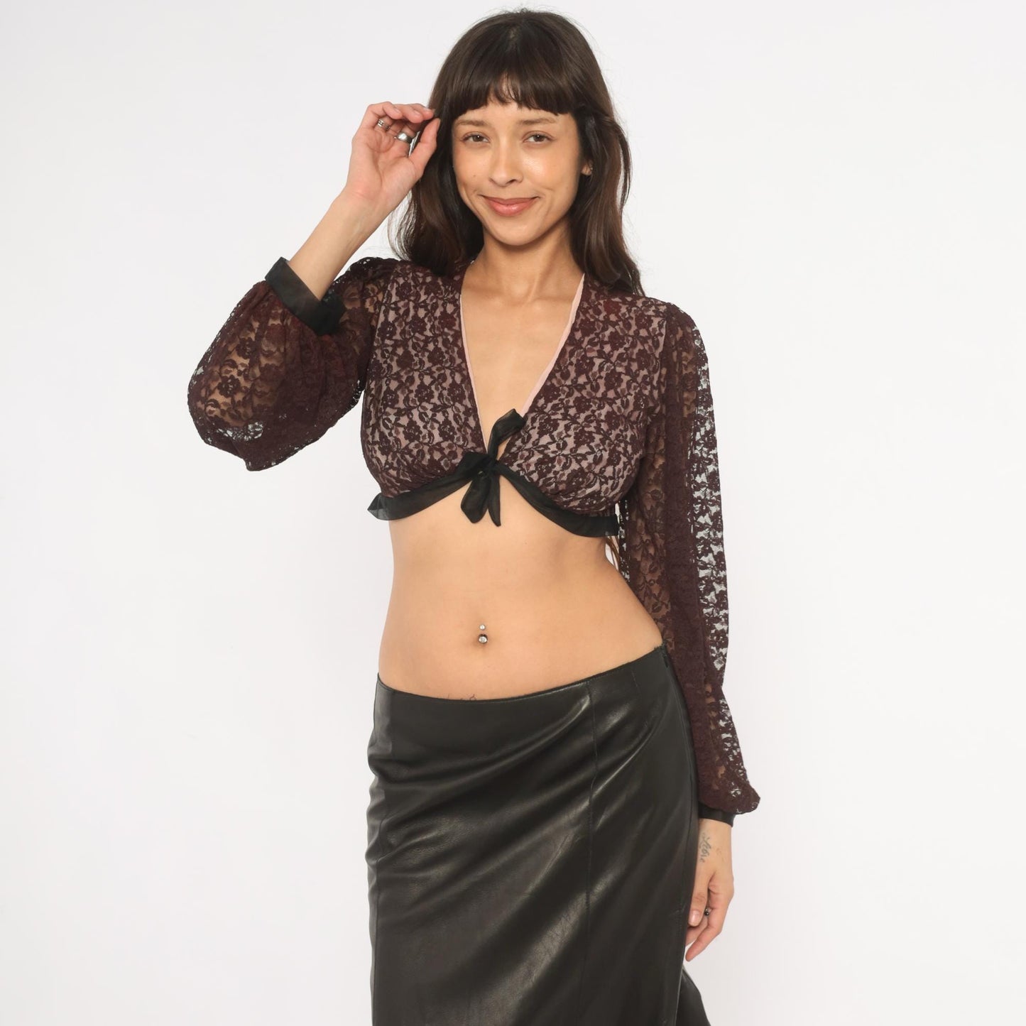 70s Rovel of California Black Lace Crop Top Tie Front Deep V Neck Bishop Sleeve Small
