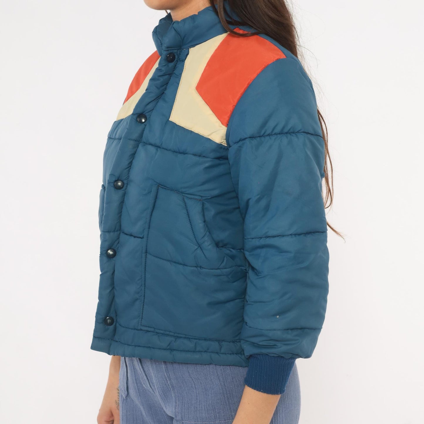 70s Navy Orange Cream Chevron Puffer Jacket Quilted Bomber Ski Coat XS