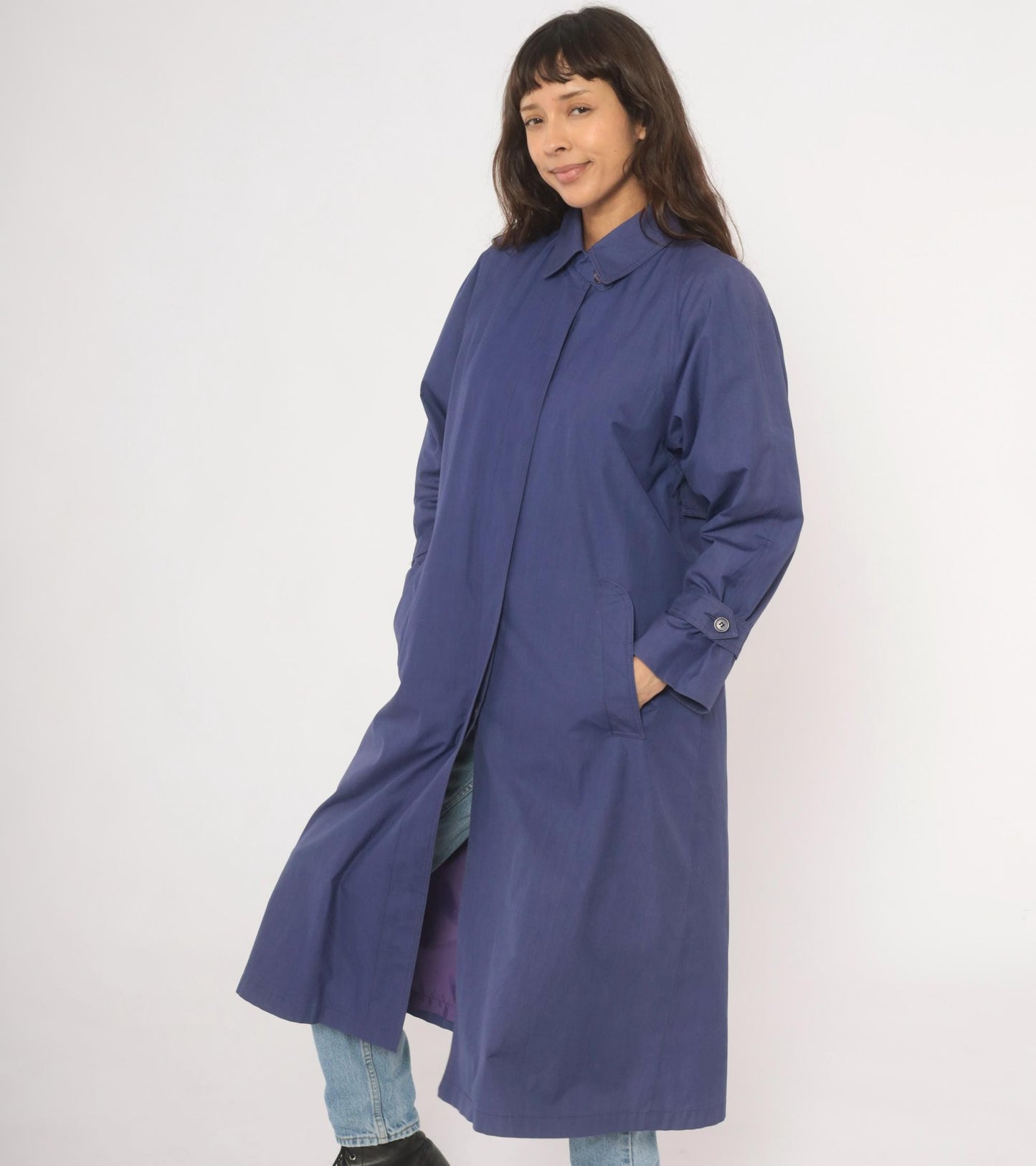 80s London Fog Periwinkle Trench Coat Cotton Midi Duster Medium M
