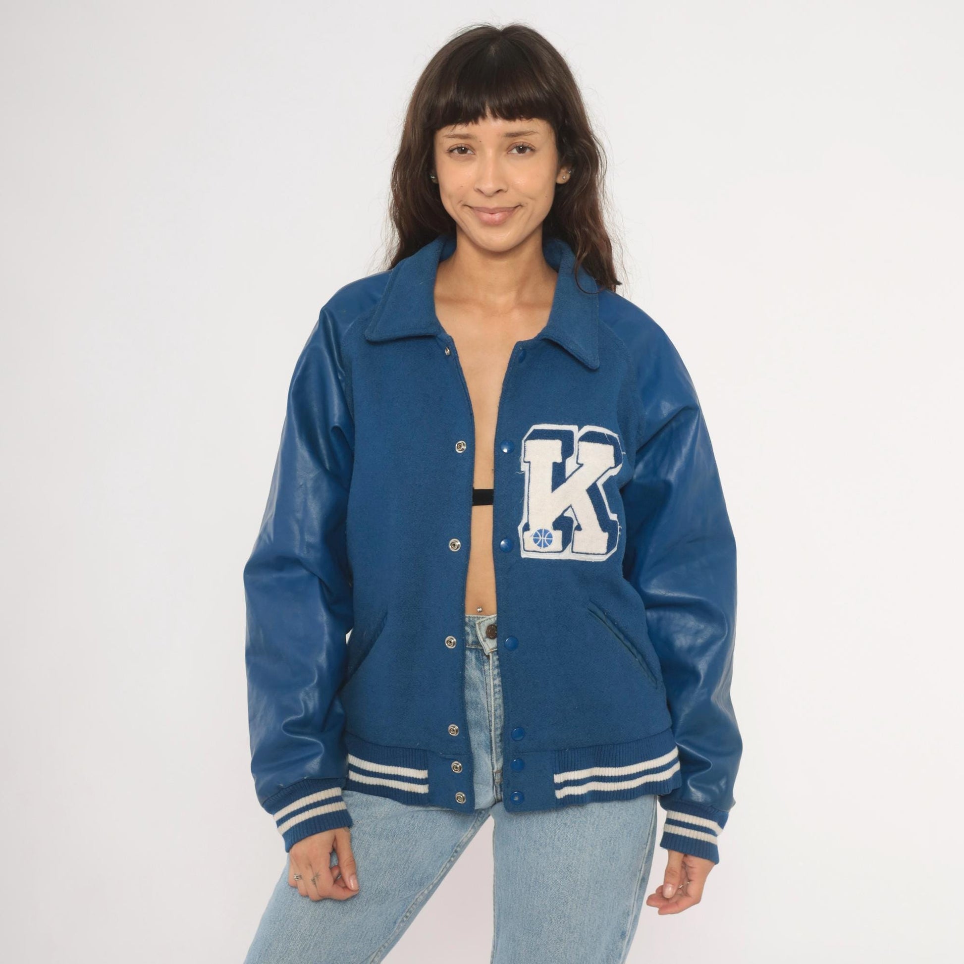 90s Reebok Varsity Jacket Wool Leather Letterman Blue Navy White Medium M
