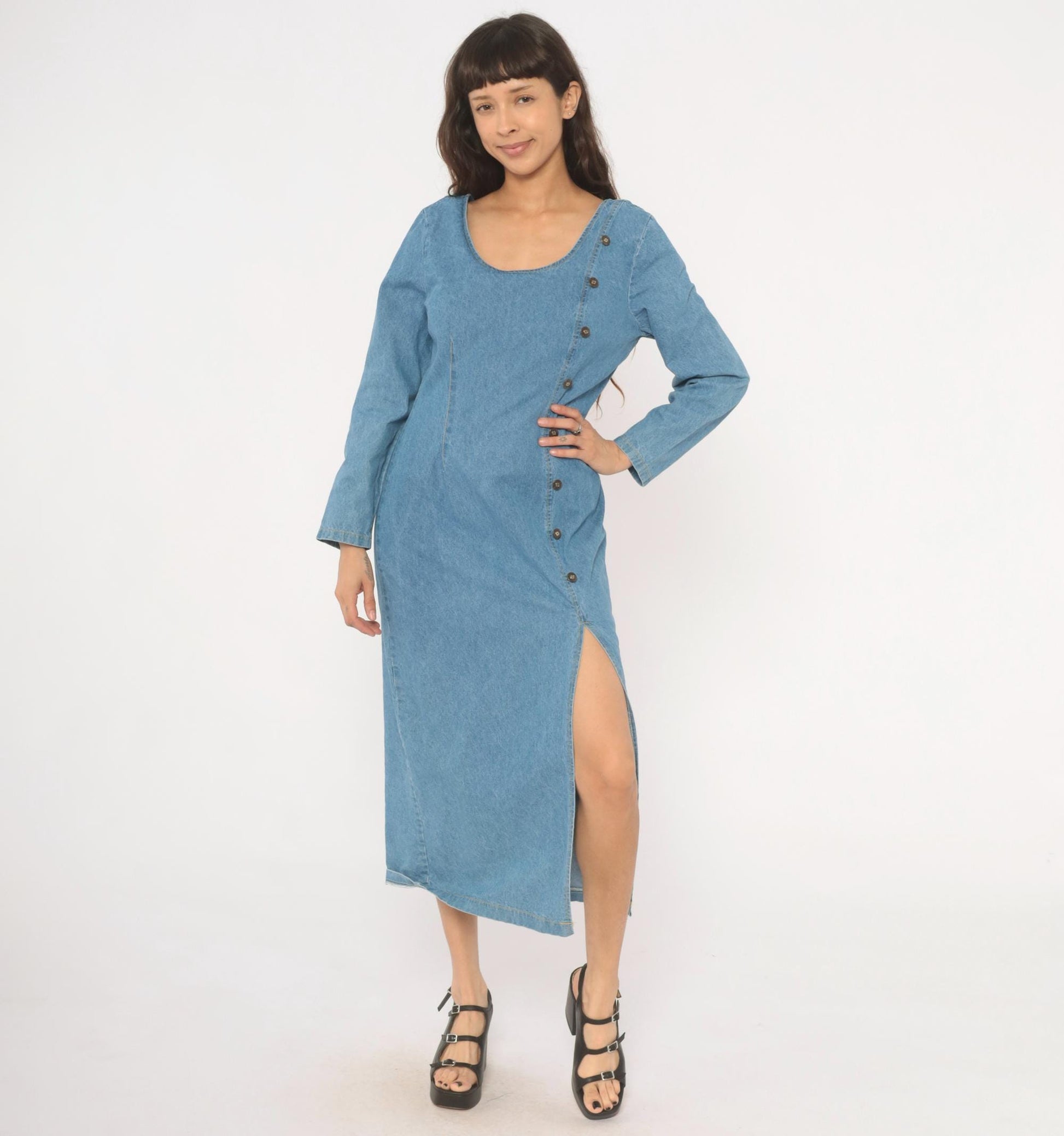 90s Switch USA Light Blue Denim Midi Dress Cotton Long Sleeve Medium M