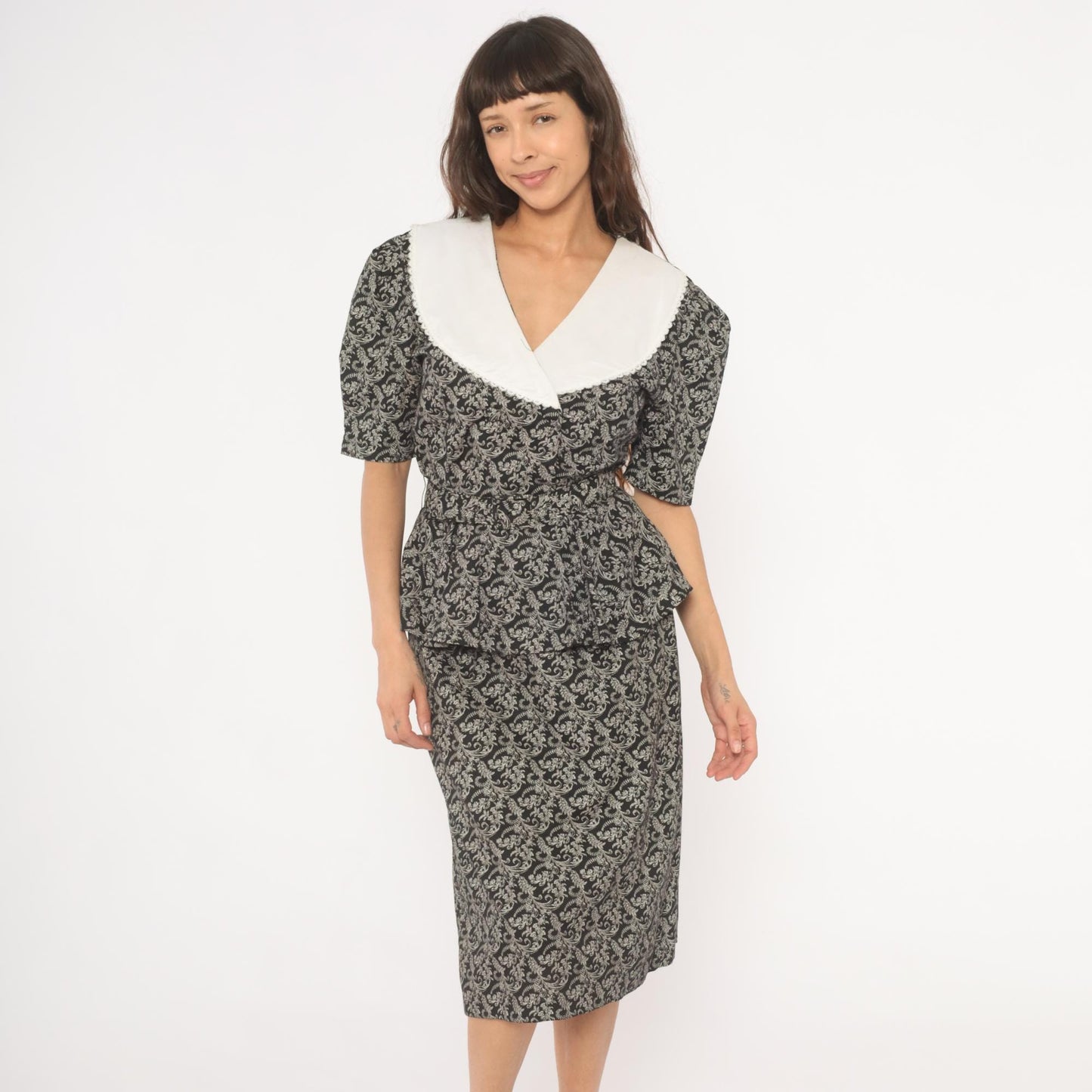 90s Miss Dorby Peplum Dress Black White Scroll Print V-Neck Puff Sleeve Large L