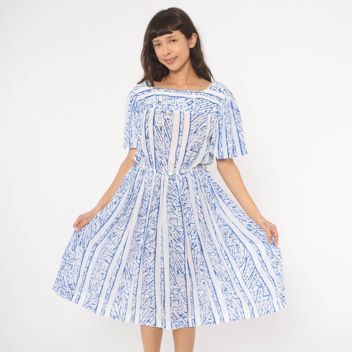 80s Top Act Abstract Stripe Dress Blue White Flutter Sleeve Knee Length Large L