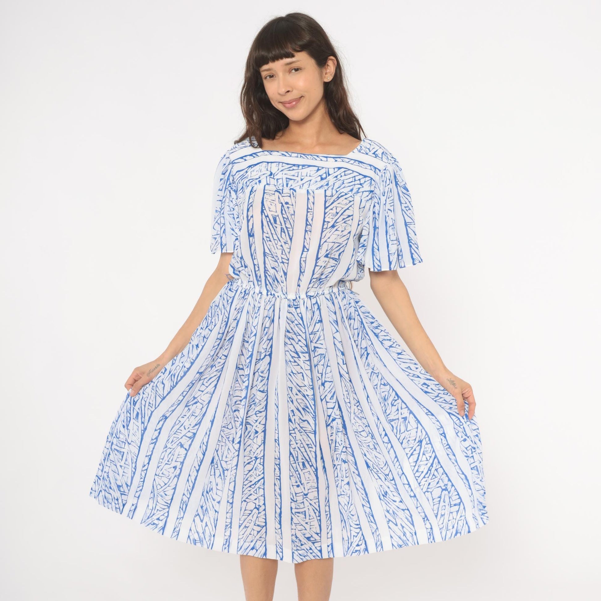 80s Top Act Abstract Stripe Dress Blue White Flutter Sleeve Knee Length Large L