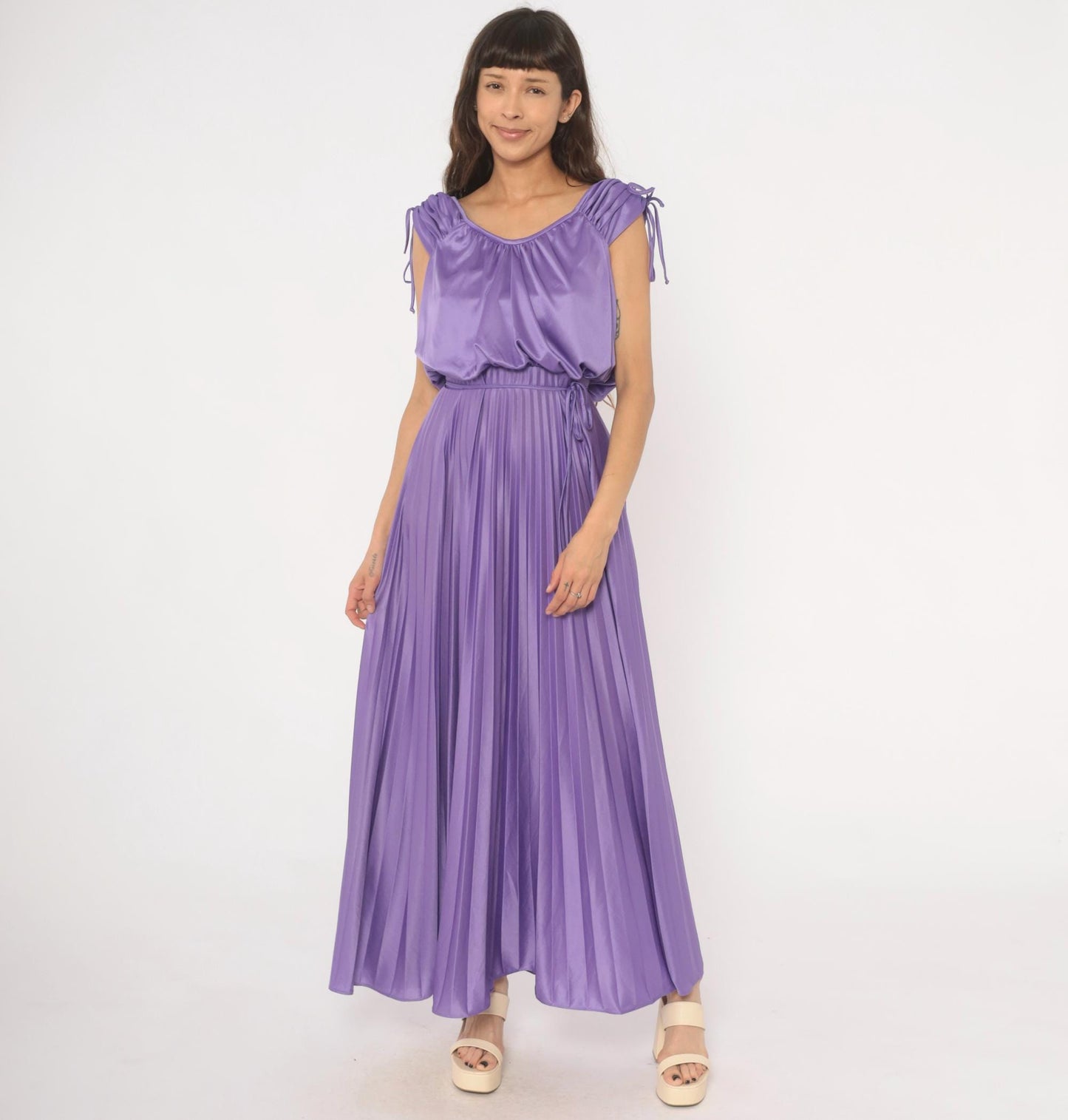 70s Lavender Pleated Maxi Dress Satin Blouson Bodice Tie Shoulder Small S