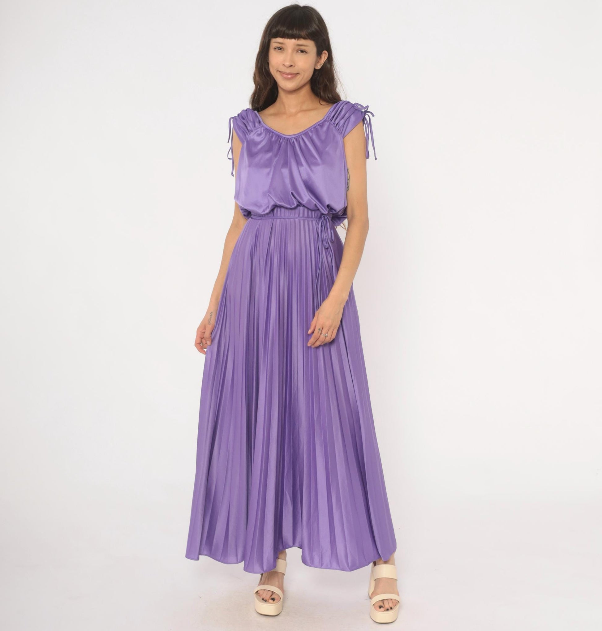 70s Lavender Pleated Maxi Dress Satin Blouson Bodice Tie Shoulder Small S