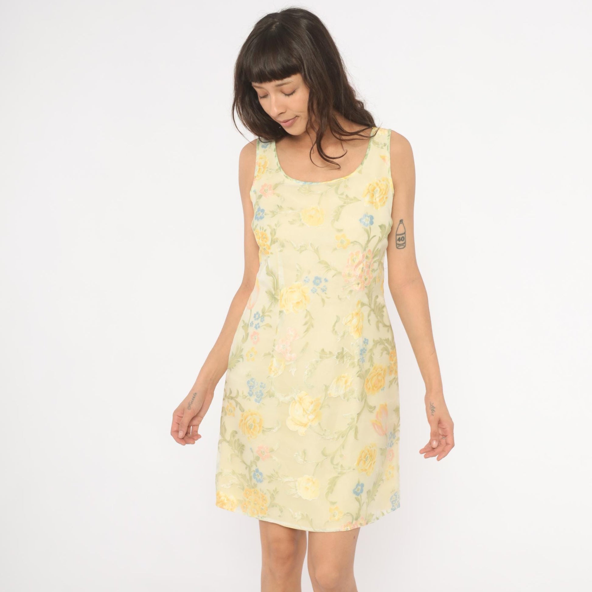 90s Ann Taylor Floral Shift Dress Yellow Scoop Neck Sleeveless Knee Small