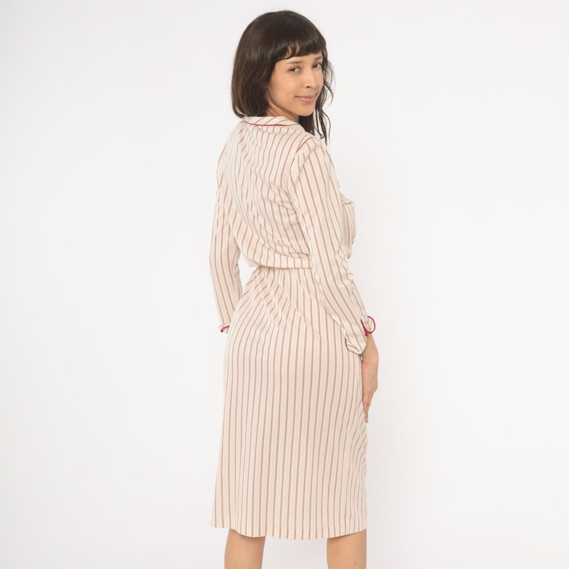 80s Striped Blouson Dress Cream Burgundy Keyhole Neckline Knee Length Small S