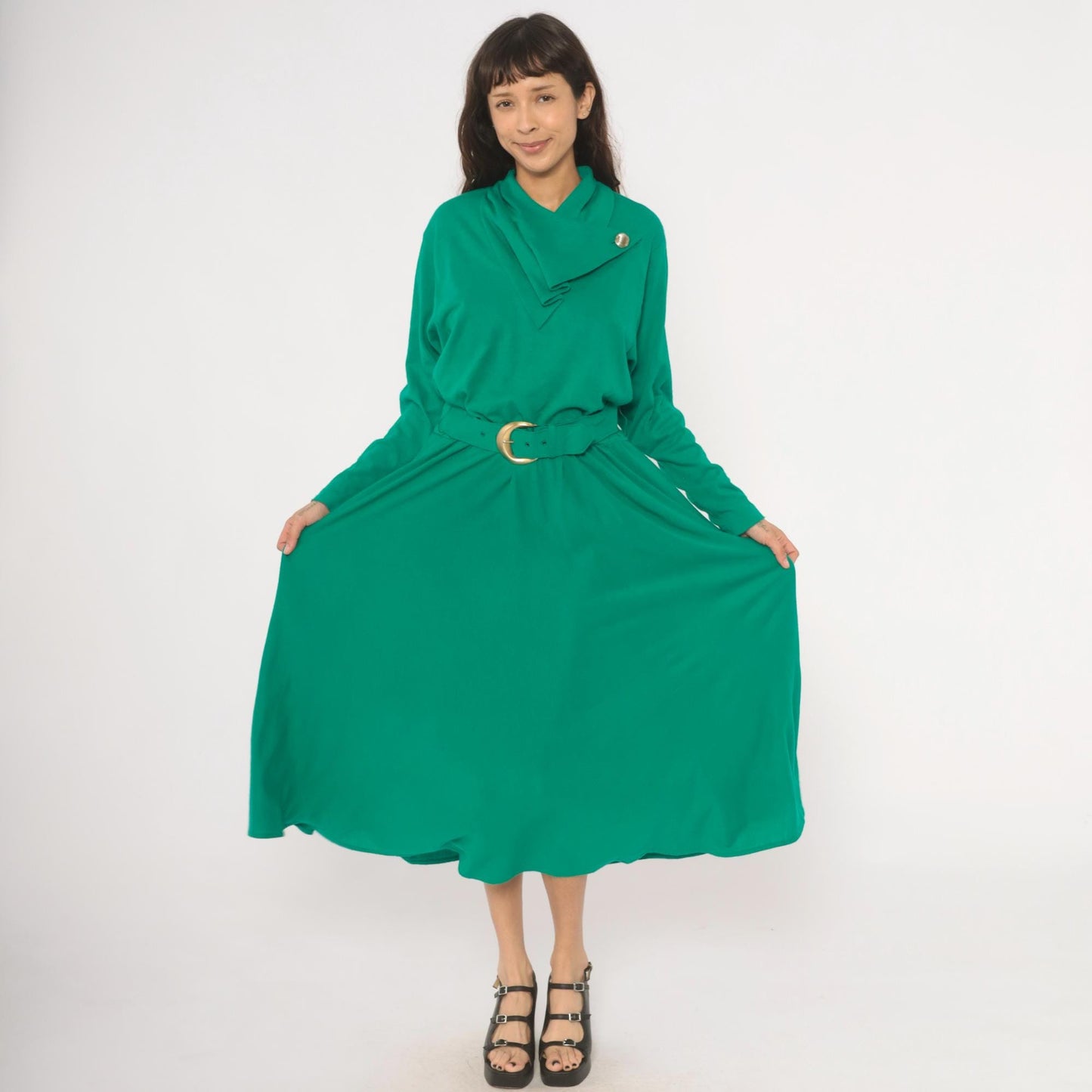 80s Positive Attitude Emerald Midi Dress Gold Buckle Belt Long Sleeve Large L