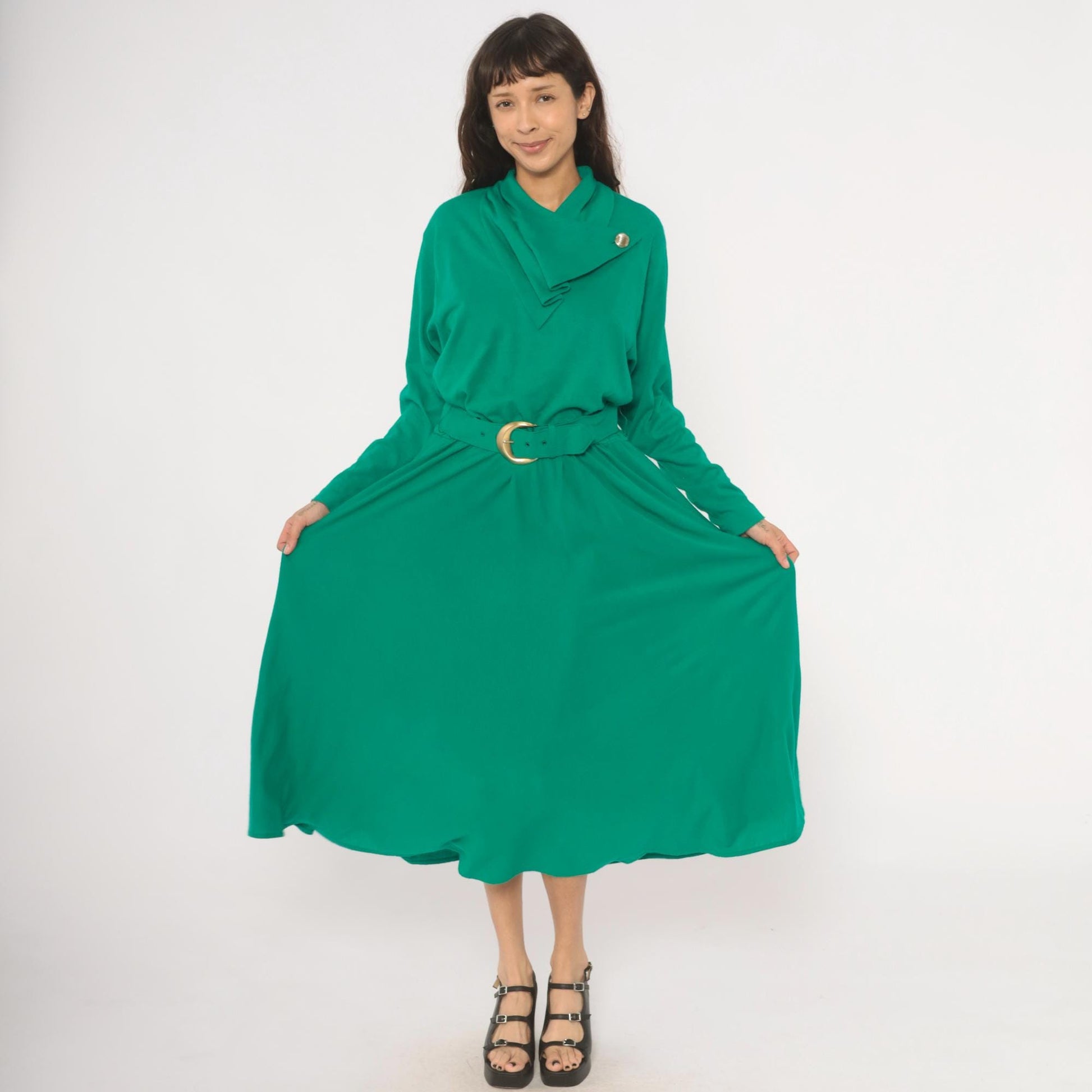 80s Positive Attitude Emerald Midi Dress Gold Buckle Belt Long Sleeve Large L