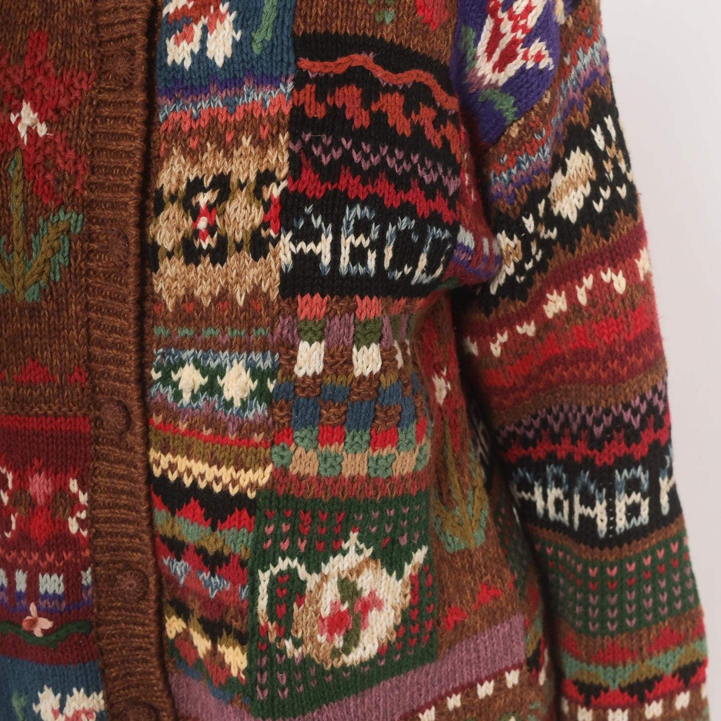 90s Tiara International Patchwork Cardigan Floral Fair Isle Knit Brown Small