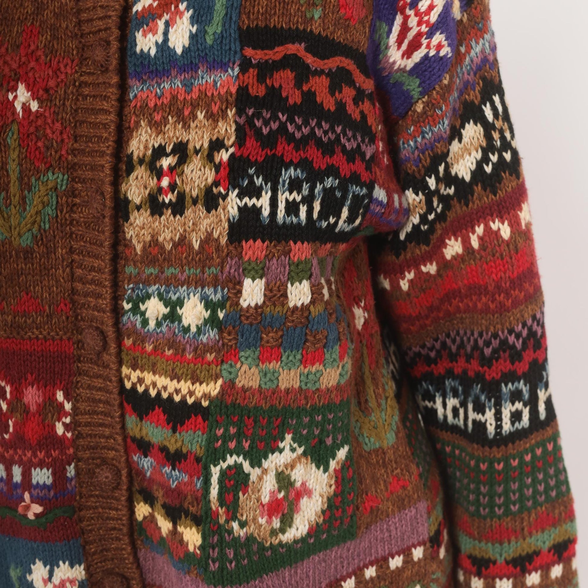 90s Tiara International Patchwork Cardigan Floral Fair Isle Knit Brown Small