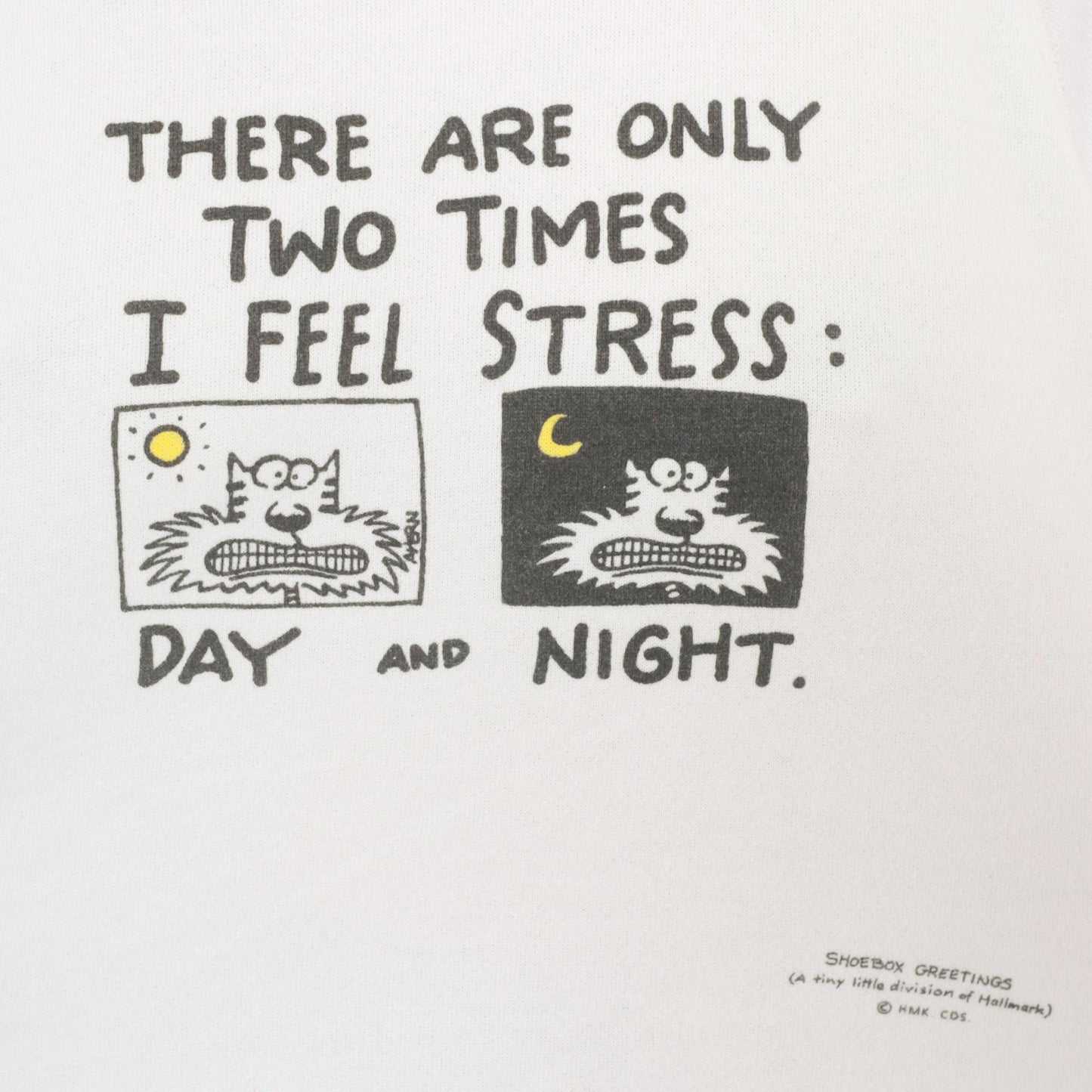 90s Shoebox Greetings Stress Day And Night Cat Sweatshirt White Raglan Extra Large
