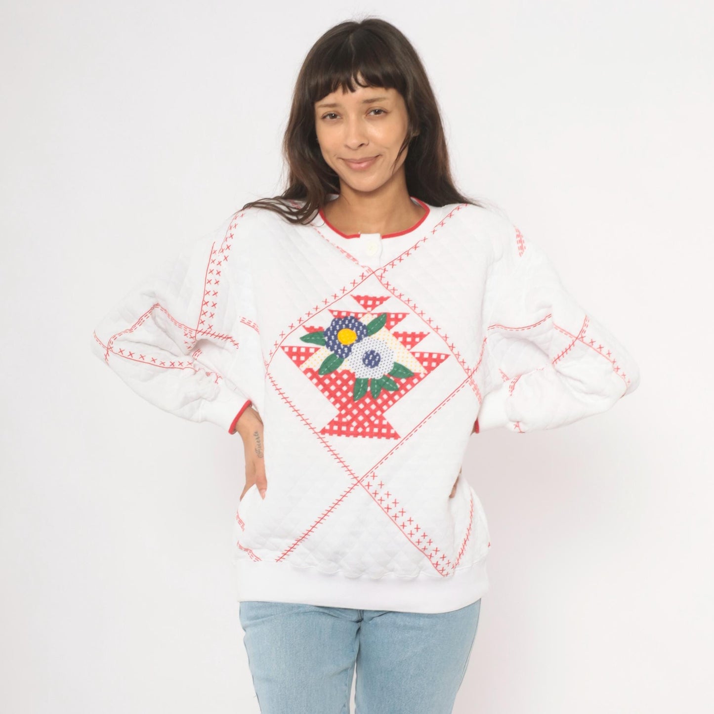 90s Jason Maxwell Quilted Floral Henley Sweatshirt White Red Cross Stitch Large L