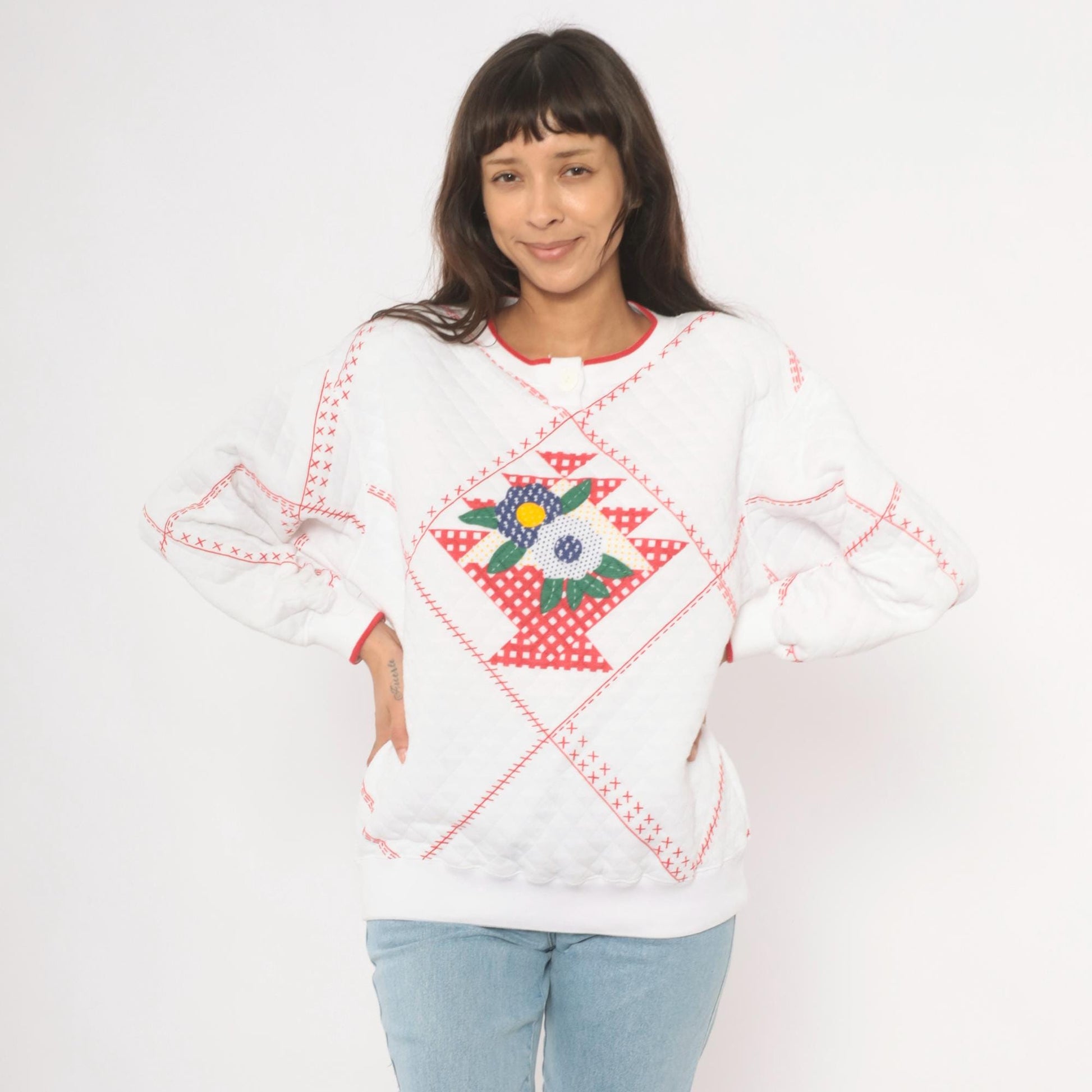 90s Jason Maxwell Quilted Floral Henley Sweatshirt White Red Cross Stitch Large L