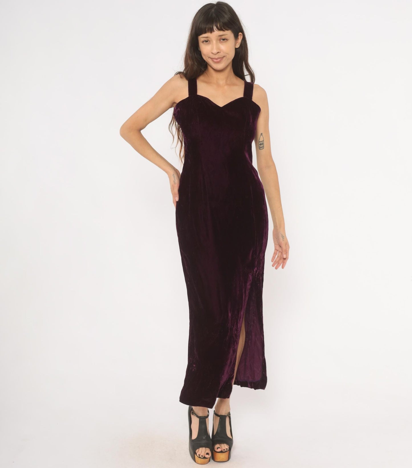 70s Plum Velvet Maxi Dress Sweetheart Neckline Side Slit Medium M