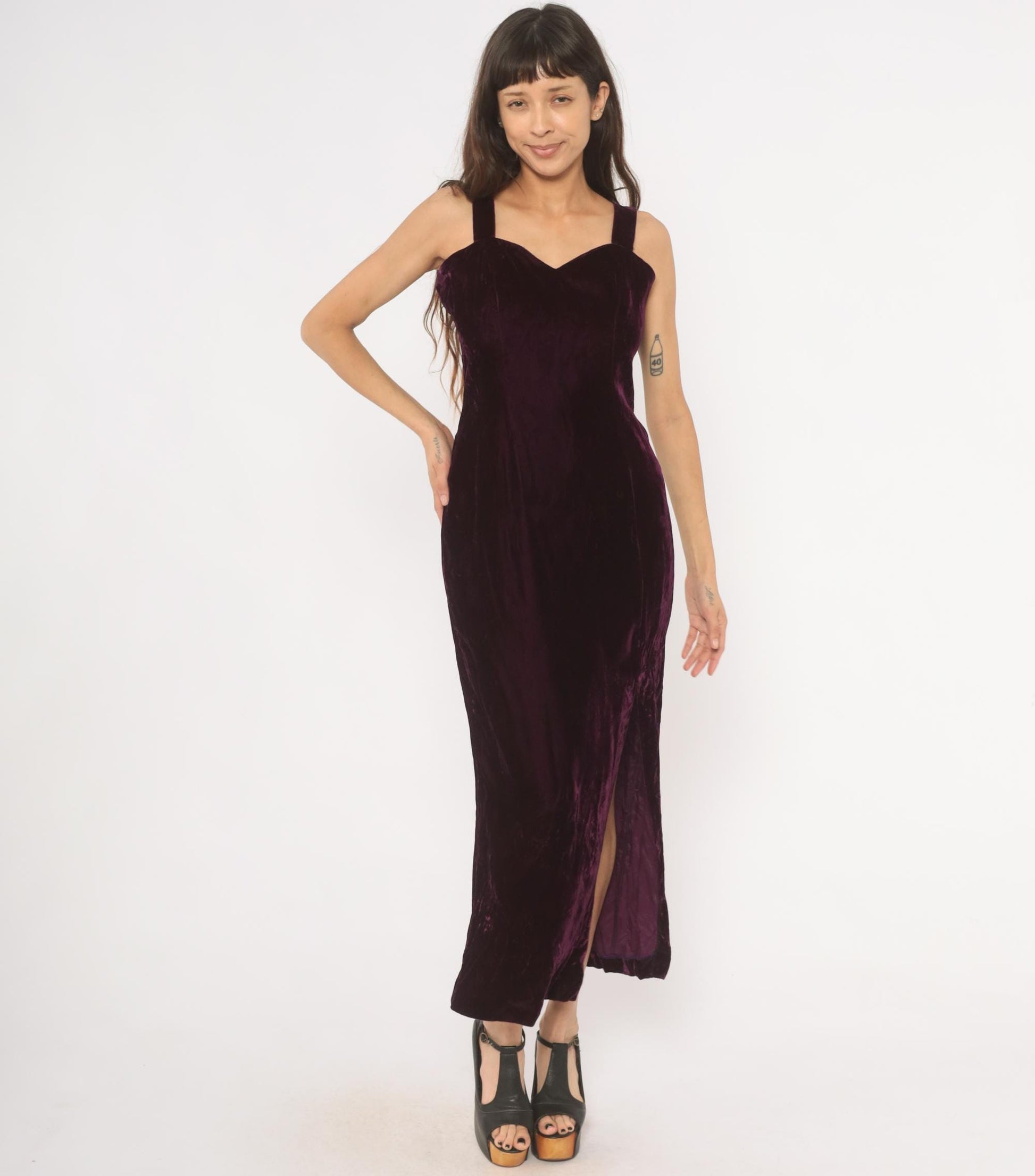 70s Plum Velvet Maxi Dress Sweetheart Neckline Side Slit Medium M