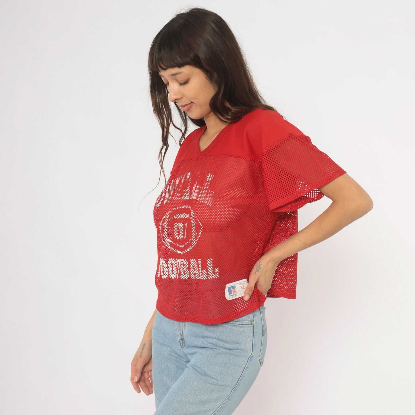 90s Russell Athletic Mesh Football Jersey Red Graphic Crop Medium