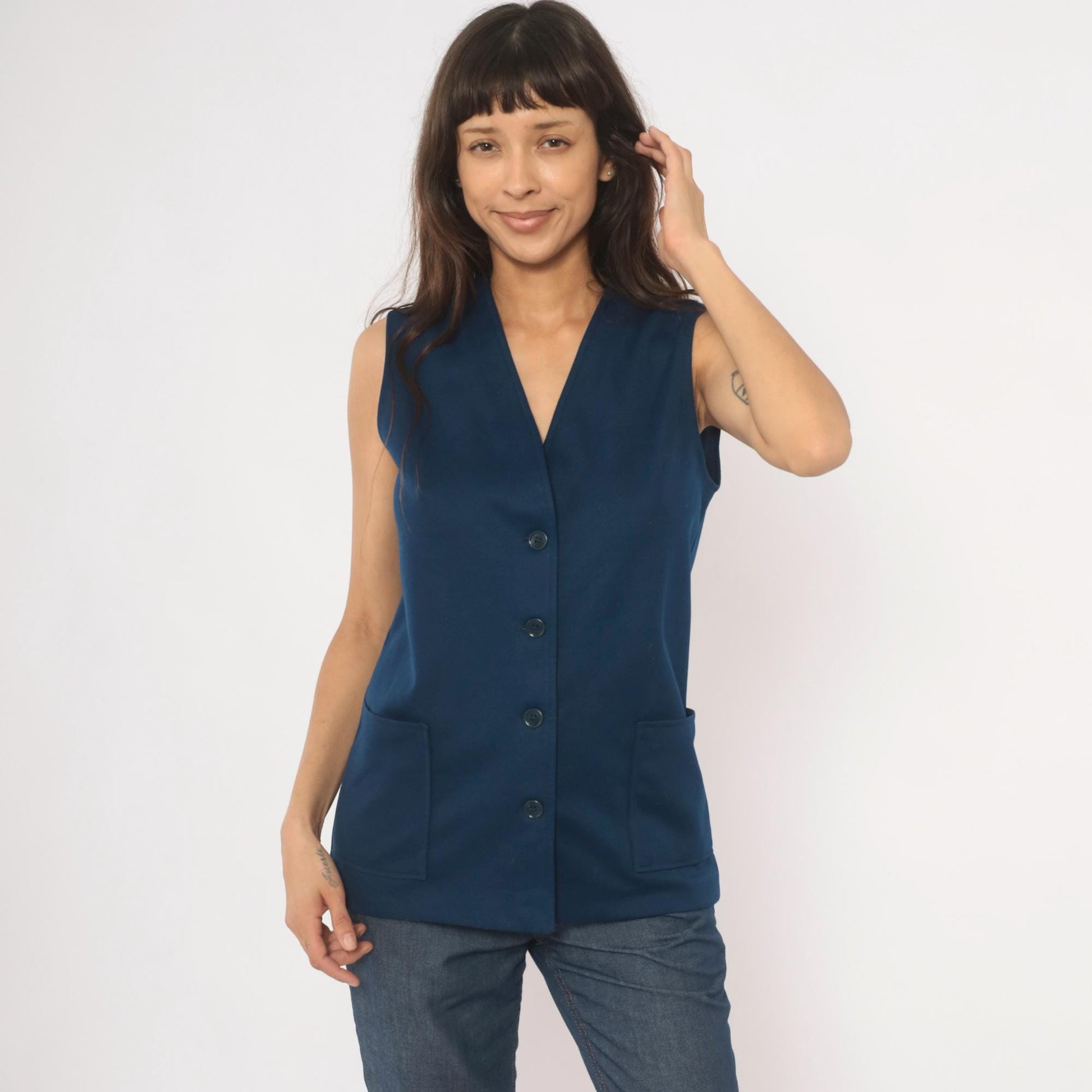 70s Navy Button Front Vest V Neck Longline Knit Top Medium M