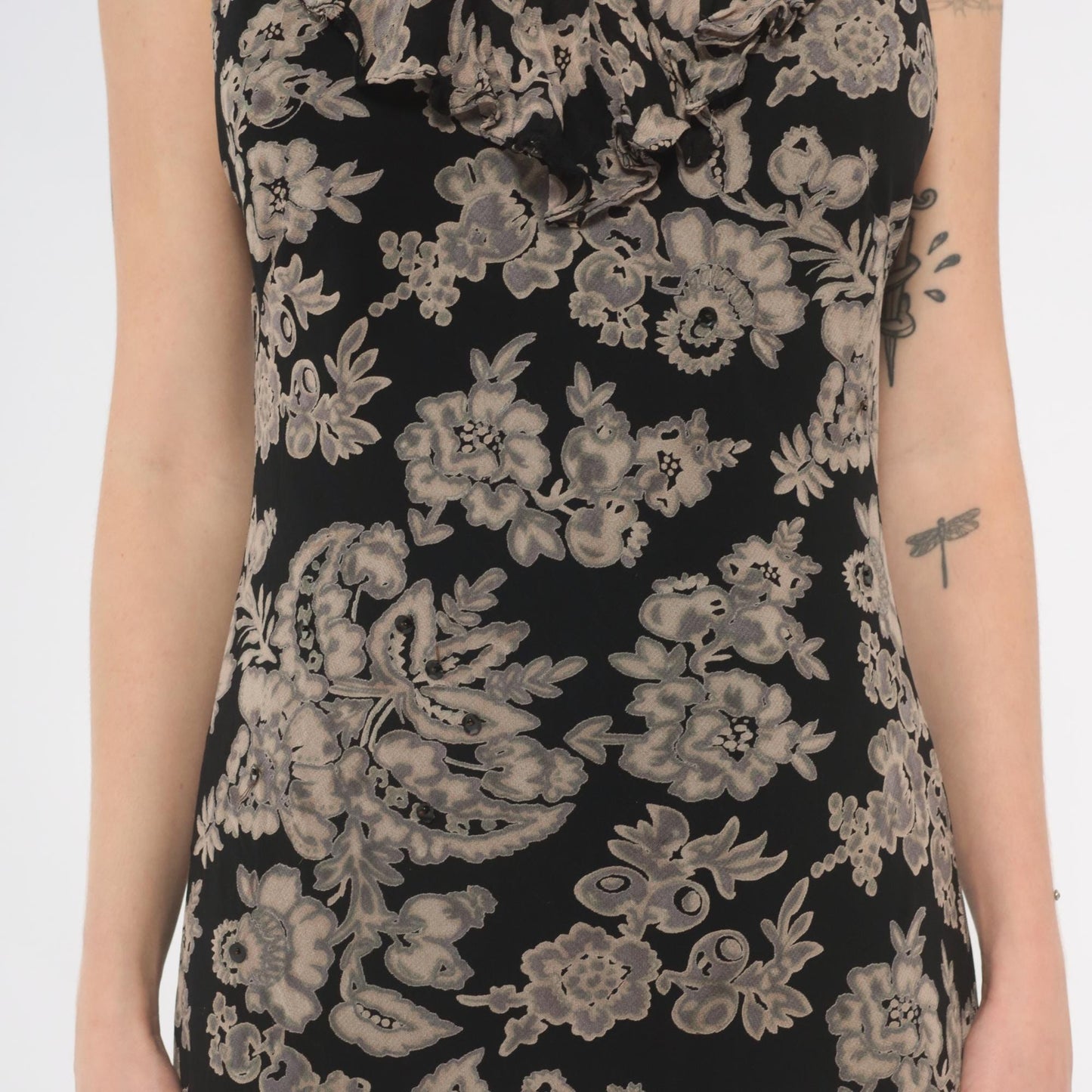 90s Black Grey Floral Midi Dress V-Neck Ruffle Chiffon Medium M