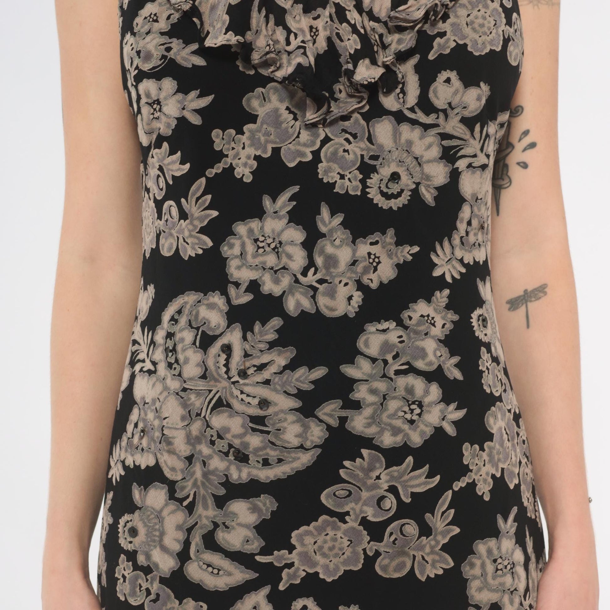 90s Black Grey Floral Midi Dress V-Neck Ruffle Chiffon Medium M