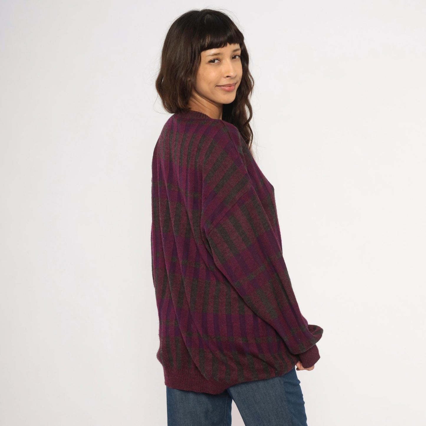 80s Gea Plaid Knit Sweater Burgundy Purple Grey Crewneck Extra Large XL