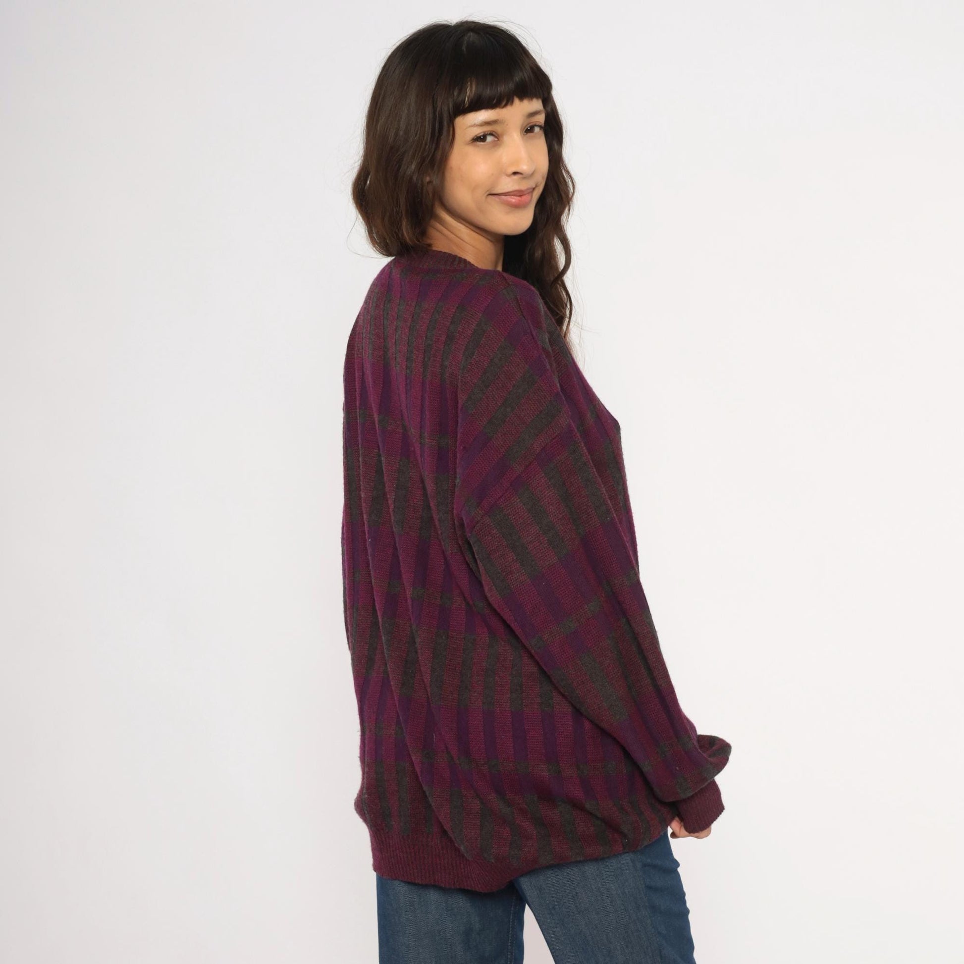 80s Gea Plaid Knit Sweater Burgundy Purple Grey Crewneck Extra Large XL