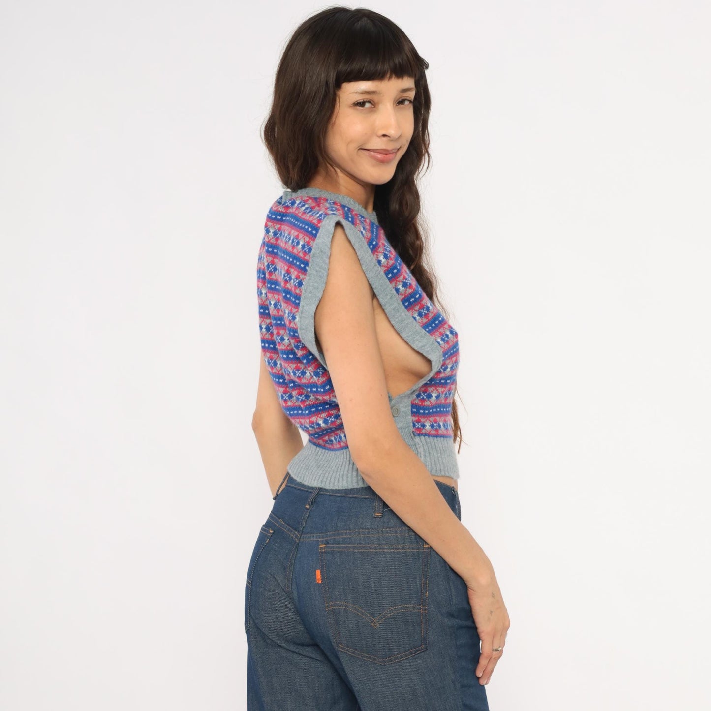 80s Fair Isle Sweater Vest Grey Blue Red Geometric Knit Cropped Extra Small XS