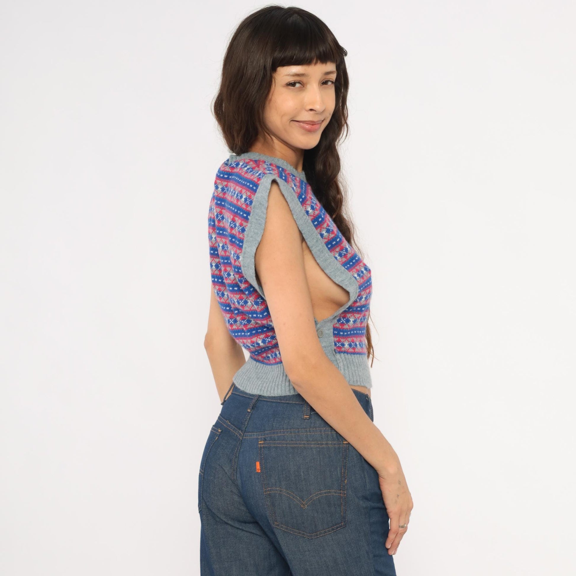 80s Fair Isle Sweater Vest Grey Blue Red Geometric Knit Cropped Extra Small XS