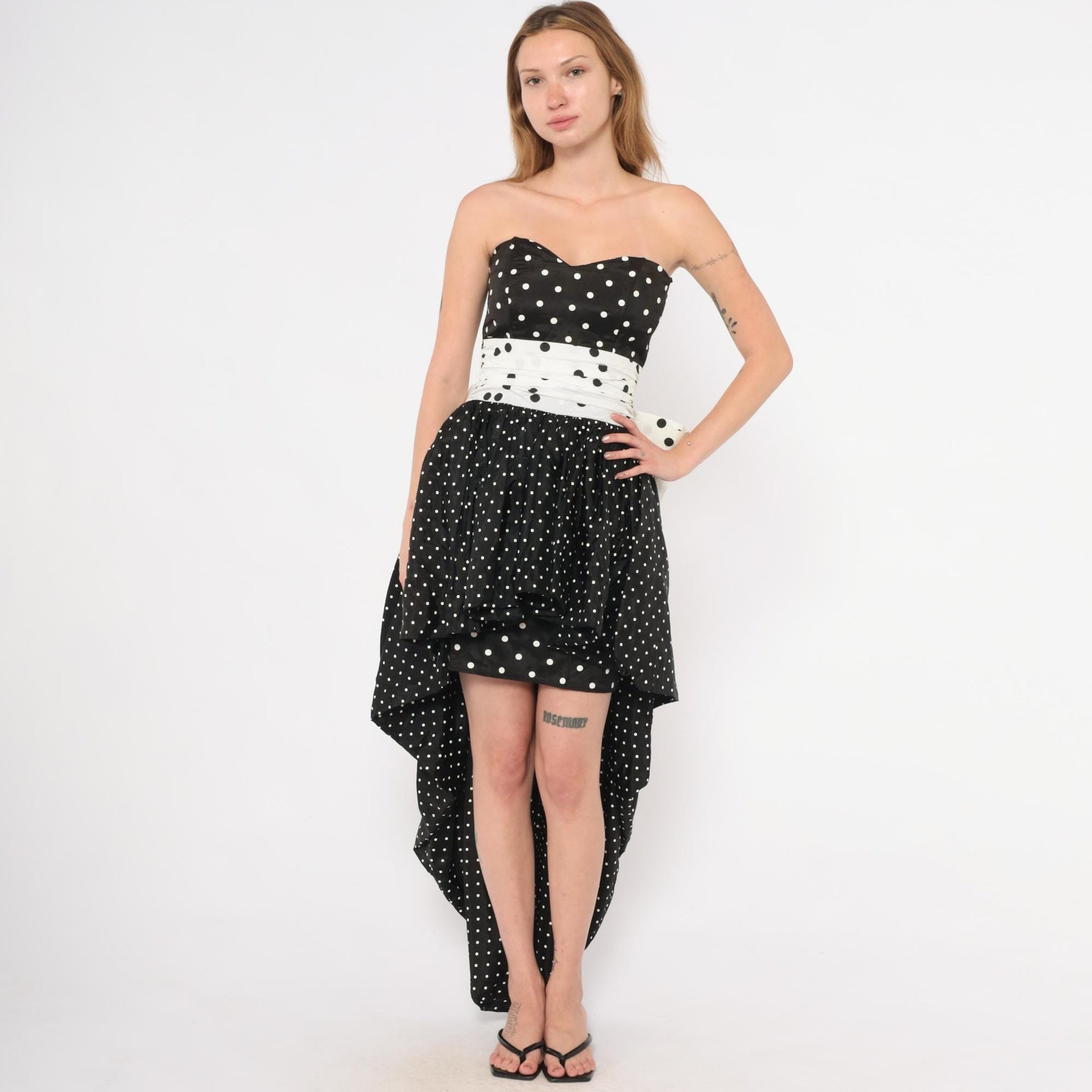 80s Jessica McClintock Gunne Sax Polka Dot Strapless Gown Black White Extra Small XS