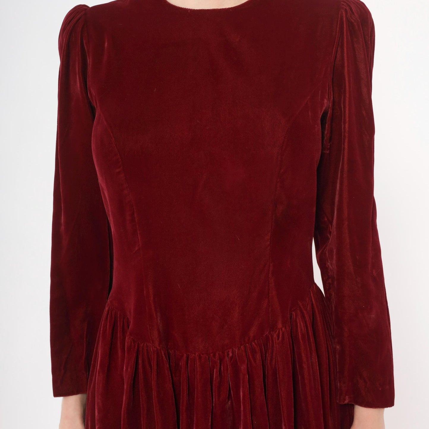 70s Burgundy Velvet Midi Dress Puff Sleeve Fitted Waist Small