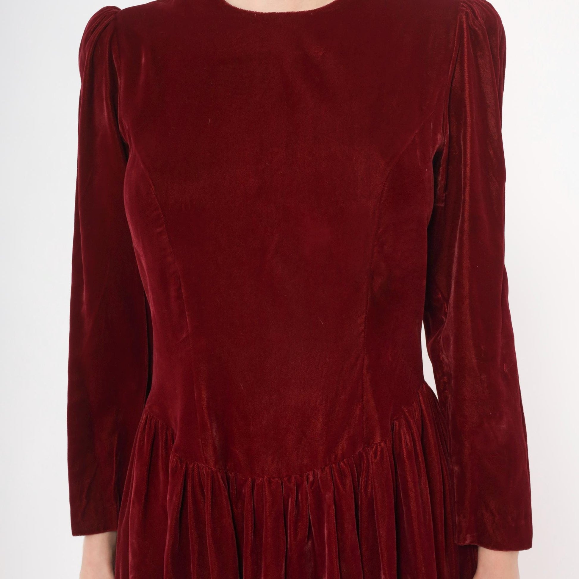 70s Burgundy Velvet Midi Dress Puff Sleeve Fitted Waist Small