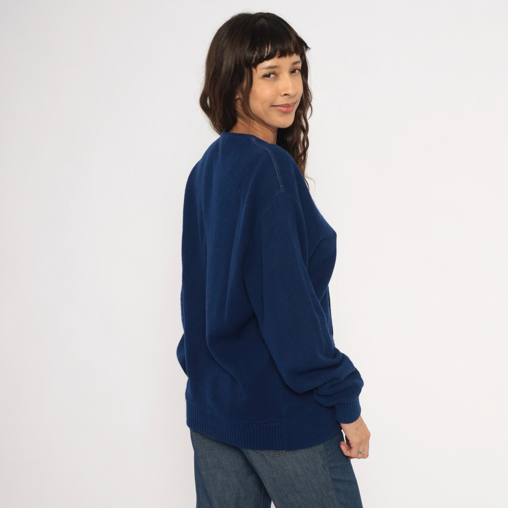 70s Navy Button Front Cardigan V Neck Patch Pocket Knit Small