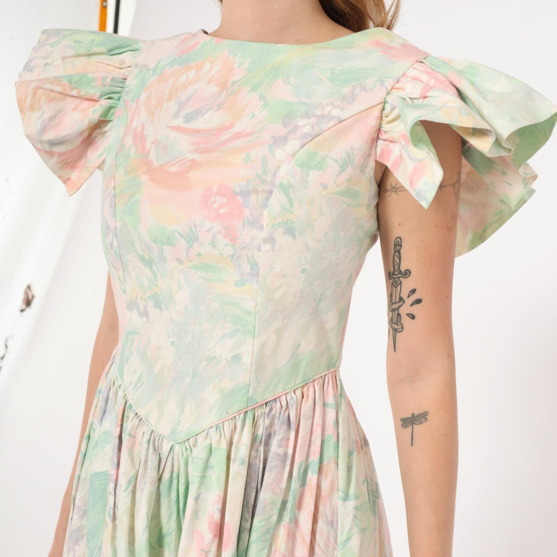 90s JCPenney Floral Midi Dress Watercolor Rose Basque Waist Flutter Sleeve Small S