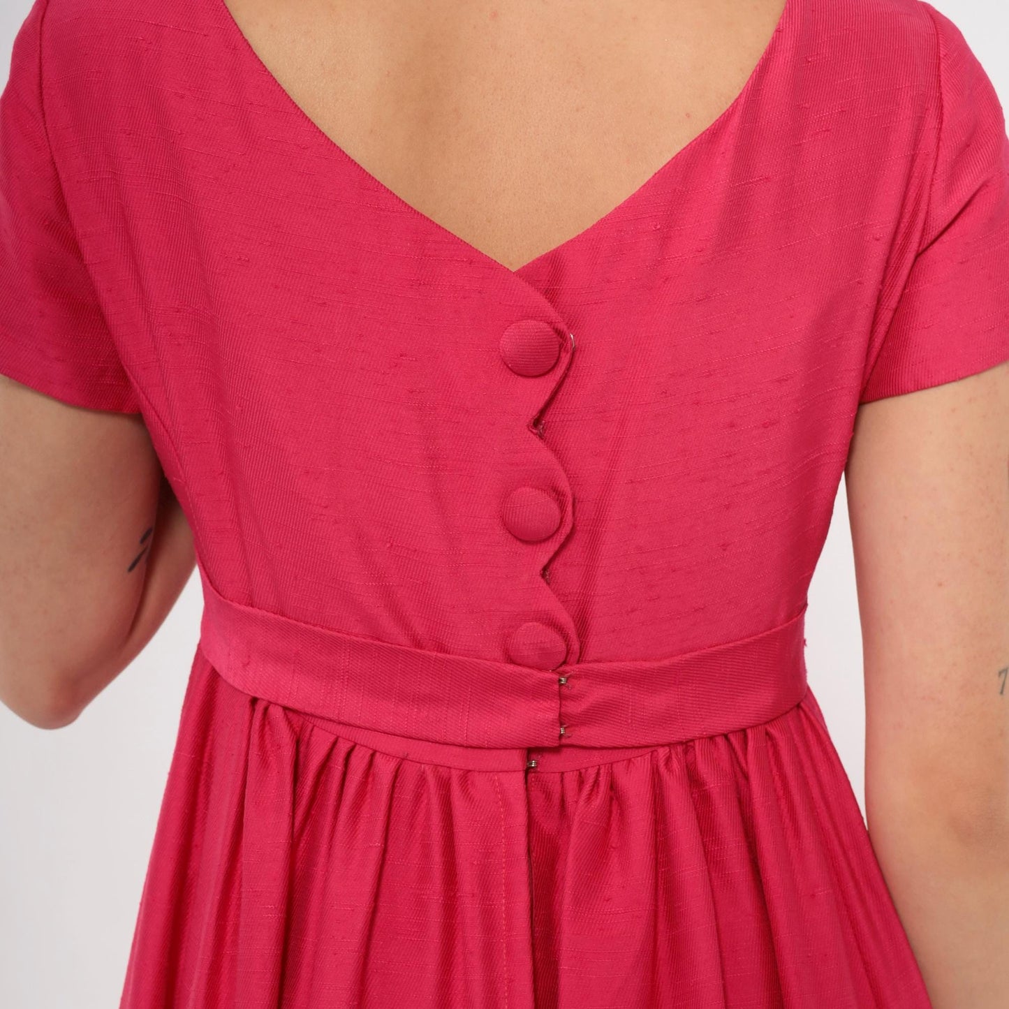 60s Emma Domb Fuchsia Empire Waist Maxi Gown Cap Sleeve Extra Small XS