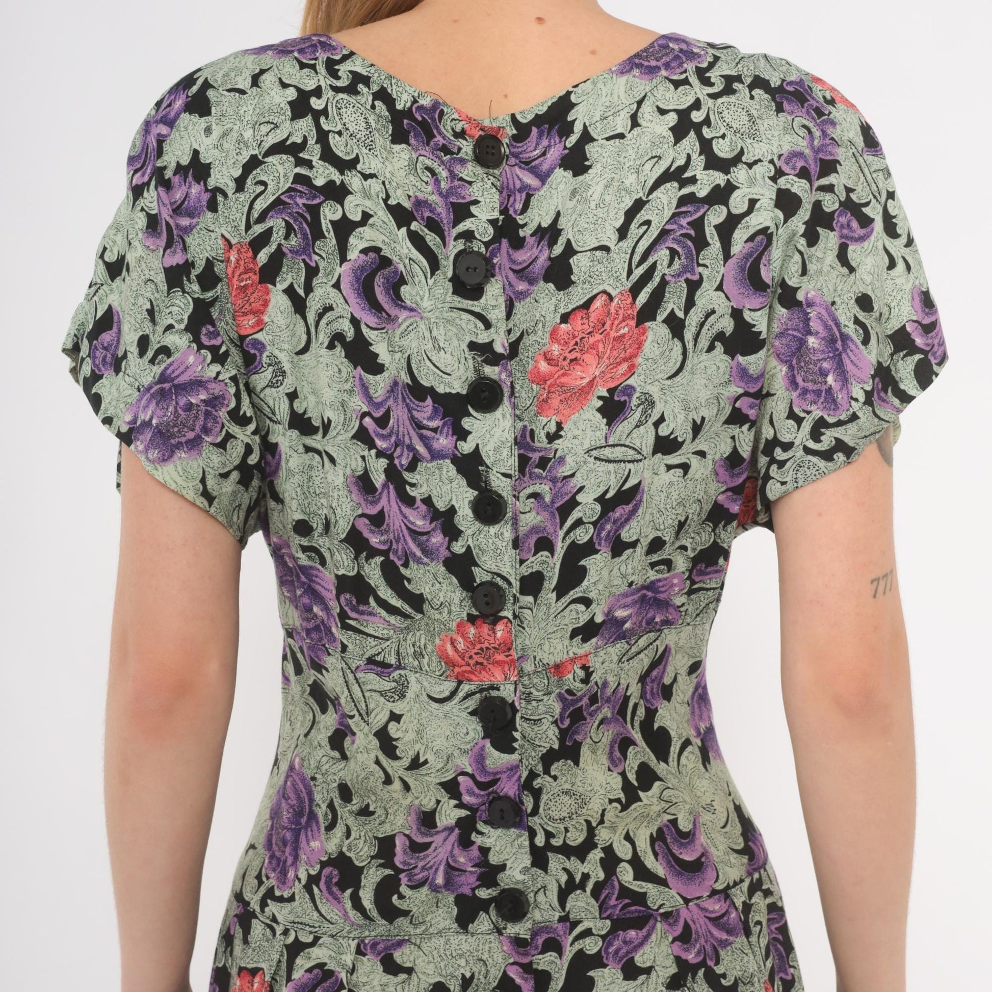 90s All That Jazz Floral Maxi Dress Purple Black Surplice V-Neck Medium M