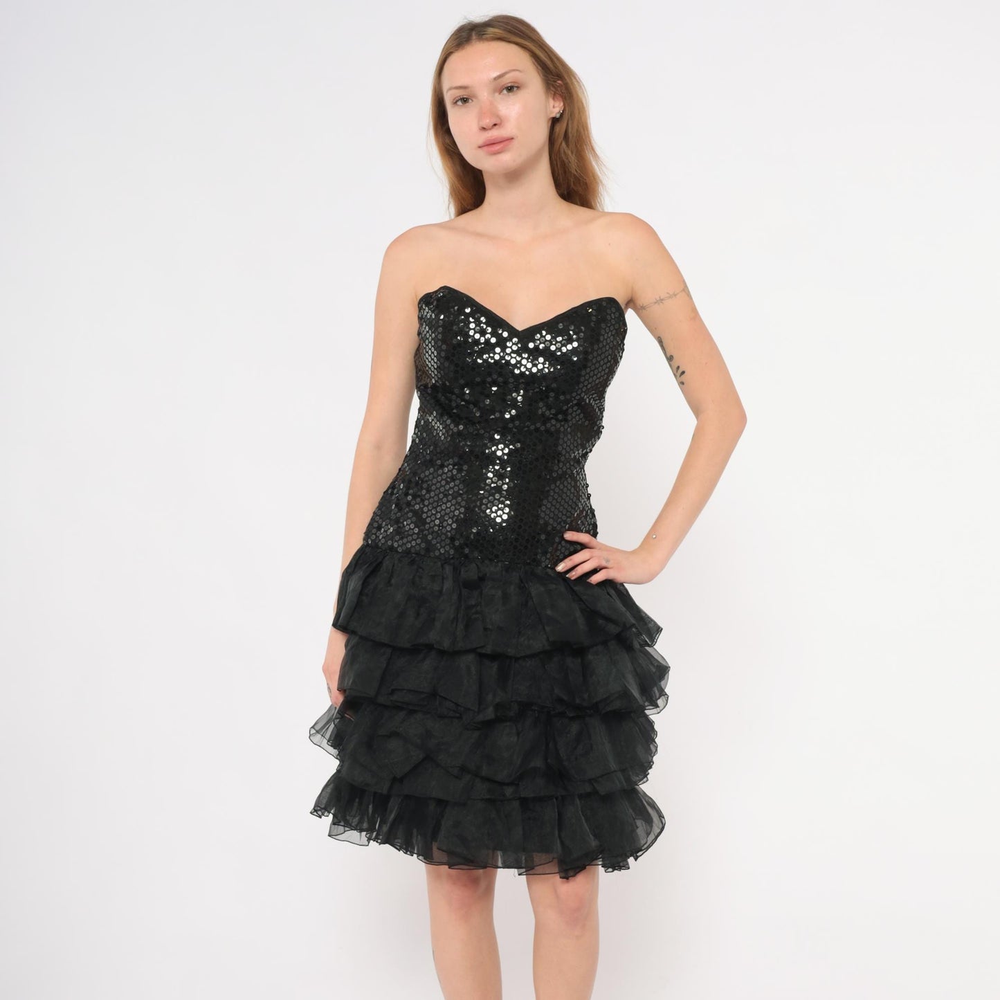 80s Tadashi Sequin Strapless Dress Sweetheart Neckline Tiered Ruffle Mini Black Small S