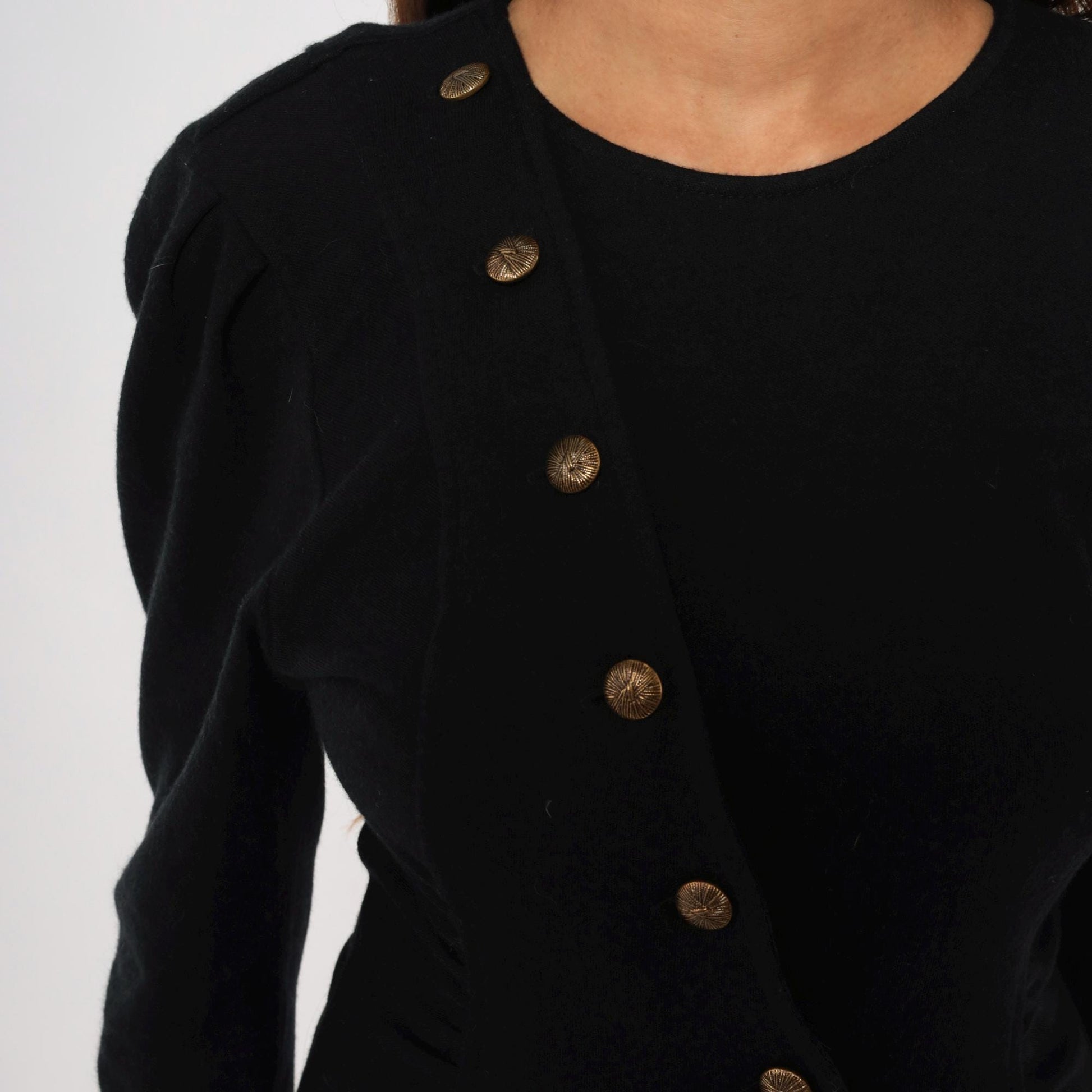 80s All That Jazz Black Puff Sleeve Dress Gold Buttons Ruched Waist Small S