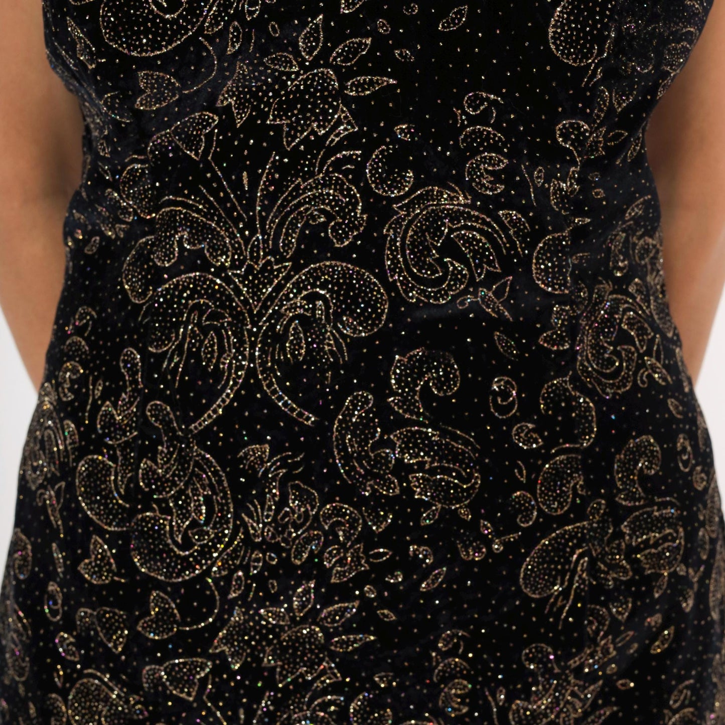 90s Roberta Black Velvet Gold Glitter Paisley Mini Dress Cutout Small S