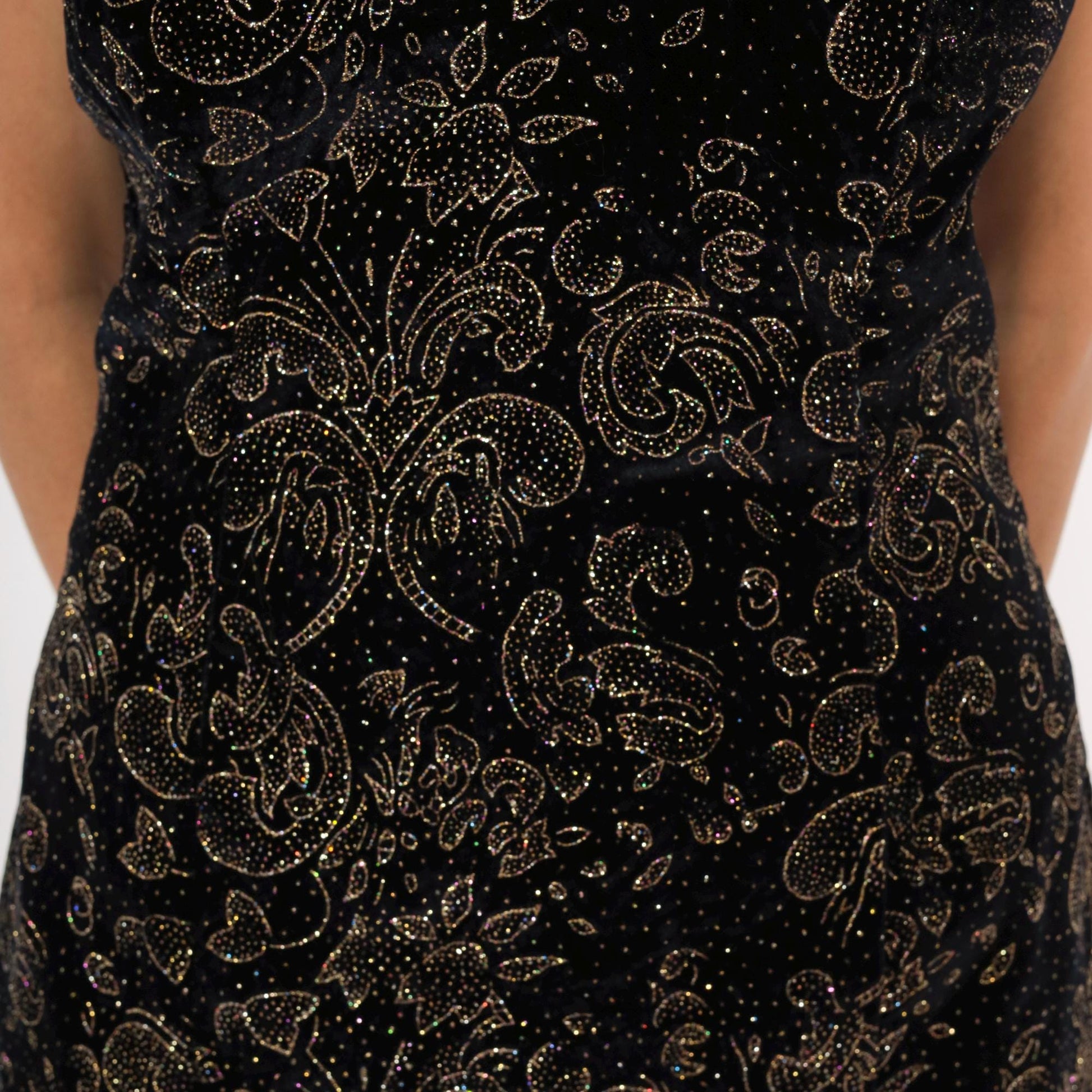90s Roberta Black Velvet Gold Glitter Paisley Mini Dress Cutout Small S