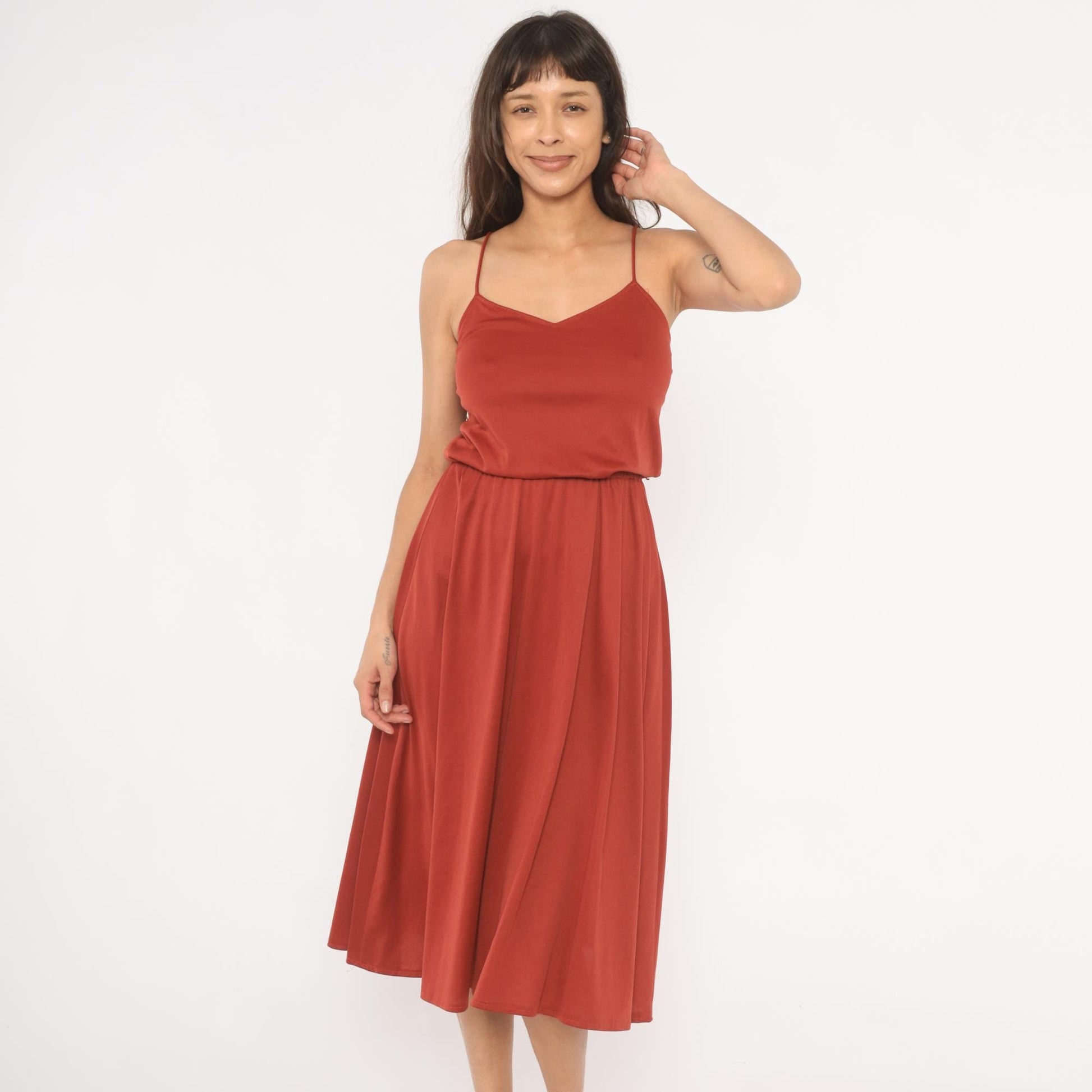 70s Niki Rust Midi Sundress V Neck Blouson Waist Flared Skirt Extra Small XS