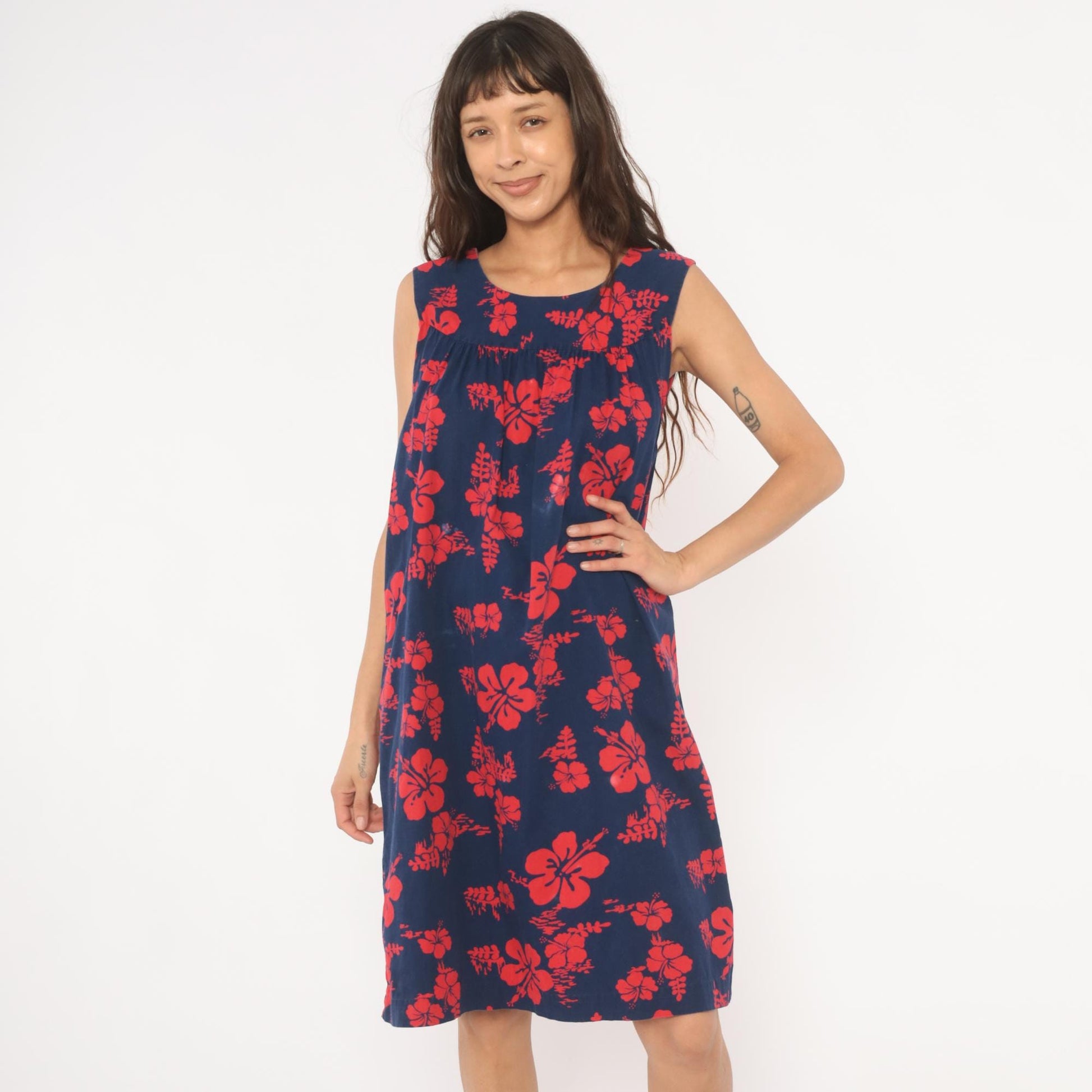 80s Ui-Makai Hawaiian Hibiscus Dress Navy Blue Red Floral Sleeveless Small