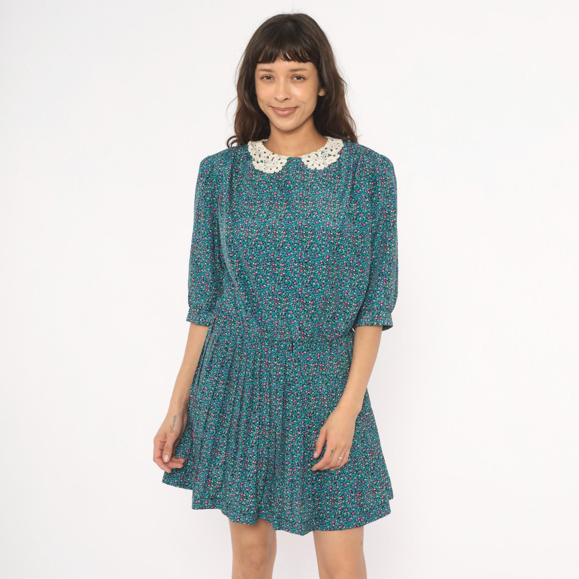 80s Brelli Originals Ditsy Floral Mini Dress Puff Sleeve Peter Pan Collar Large L